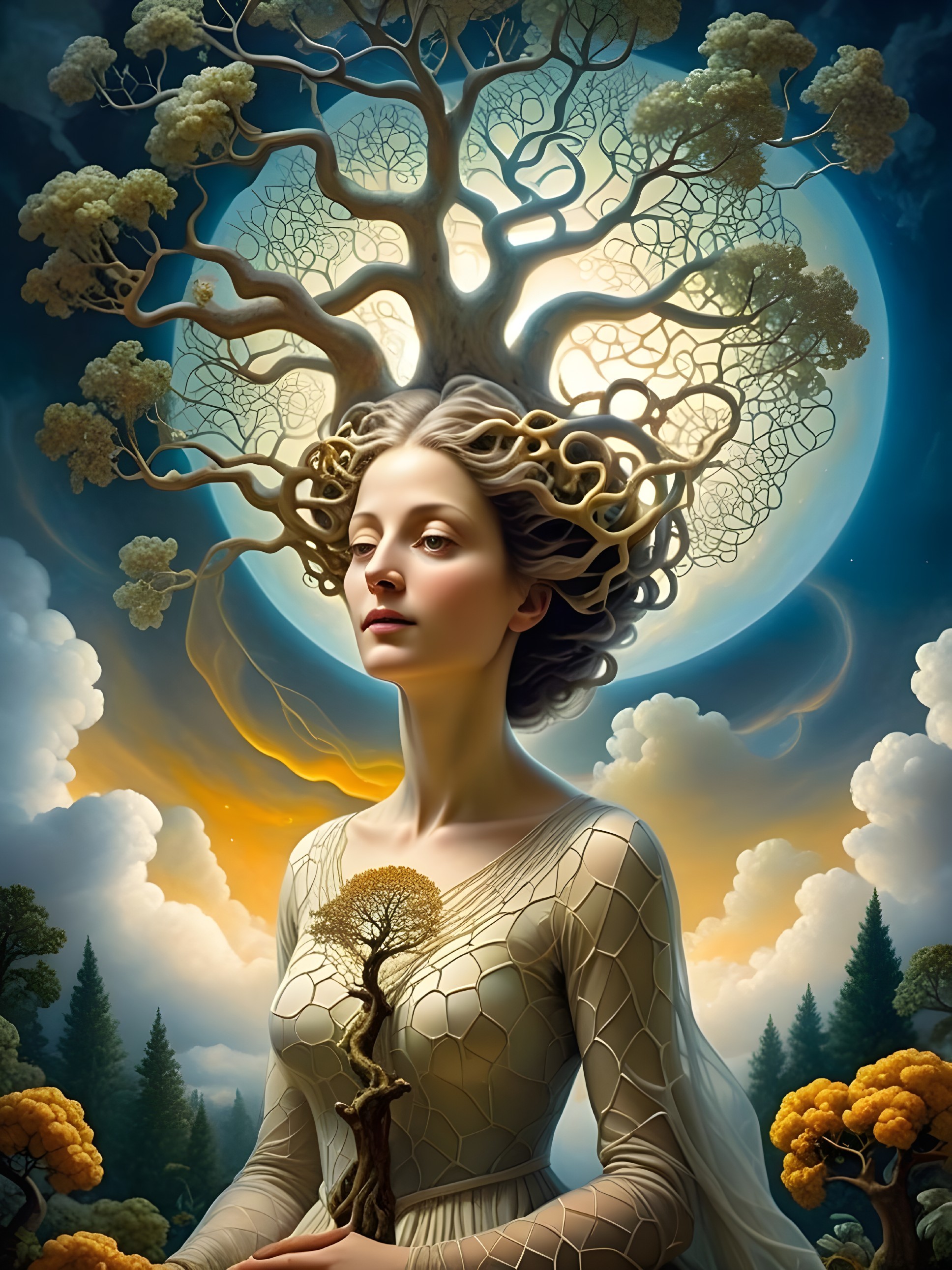 Serene Woman with Tree-Like Hair in Dreamy Landscape