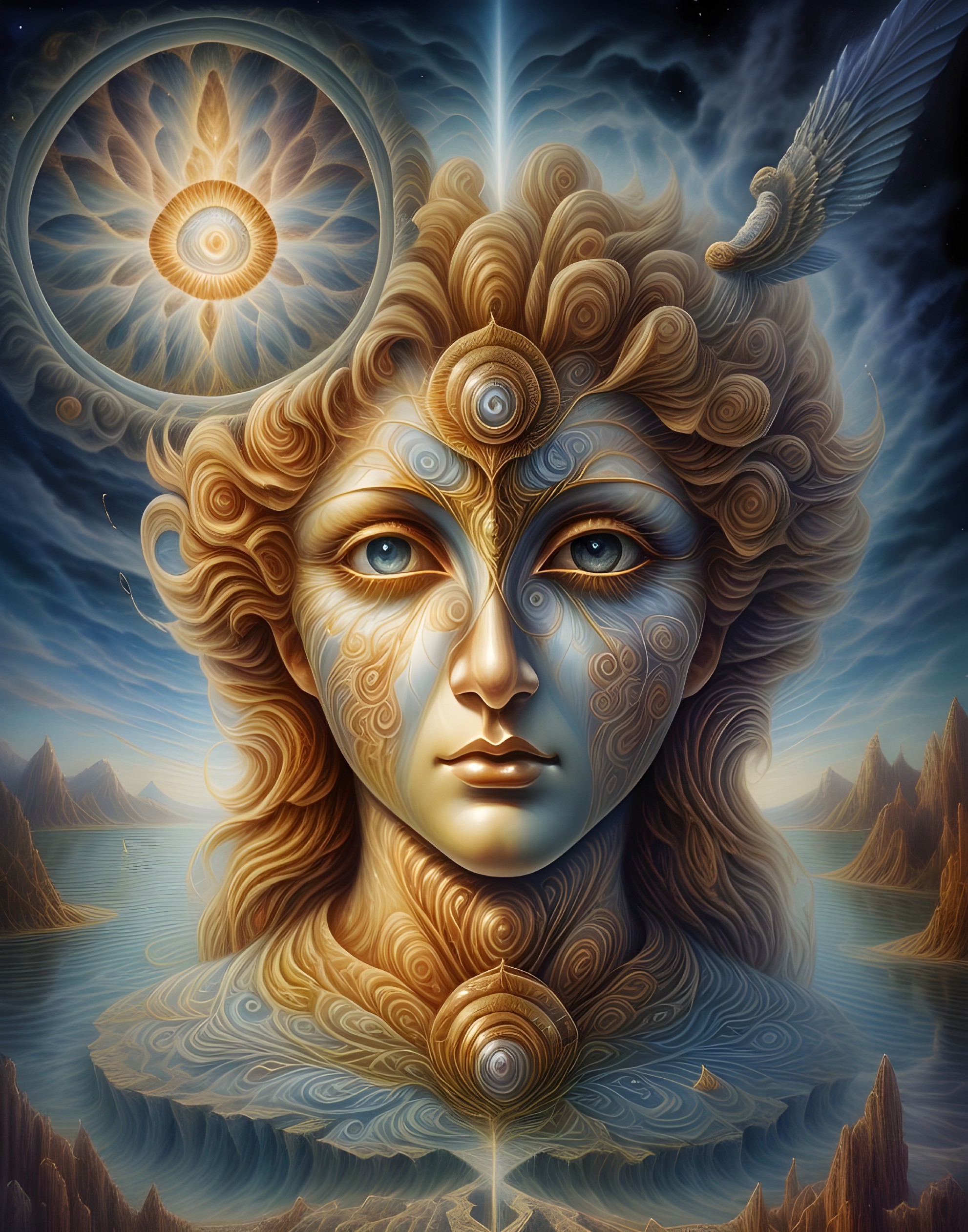 Surreal Figure in Mystical Landscape with Celestial Elements