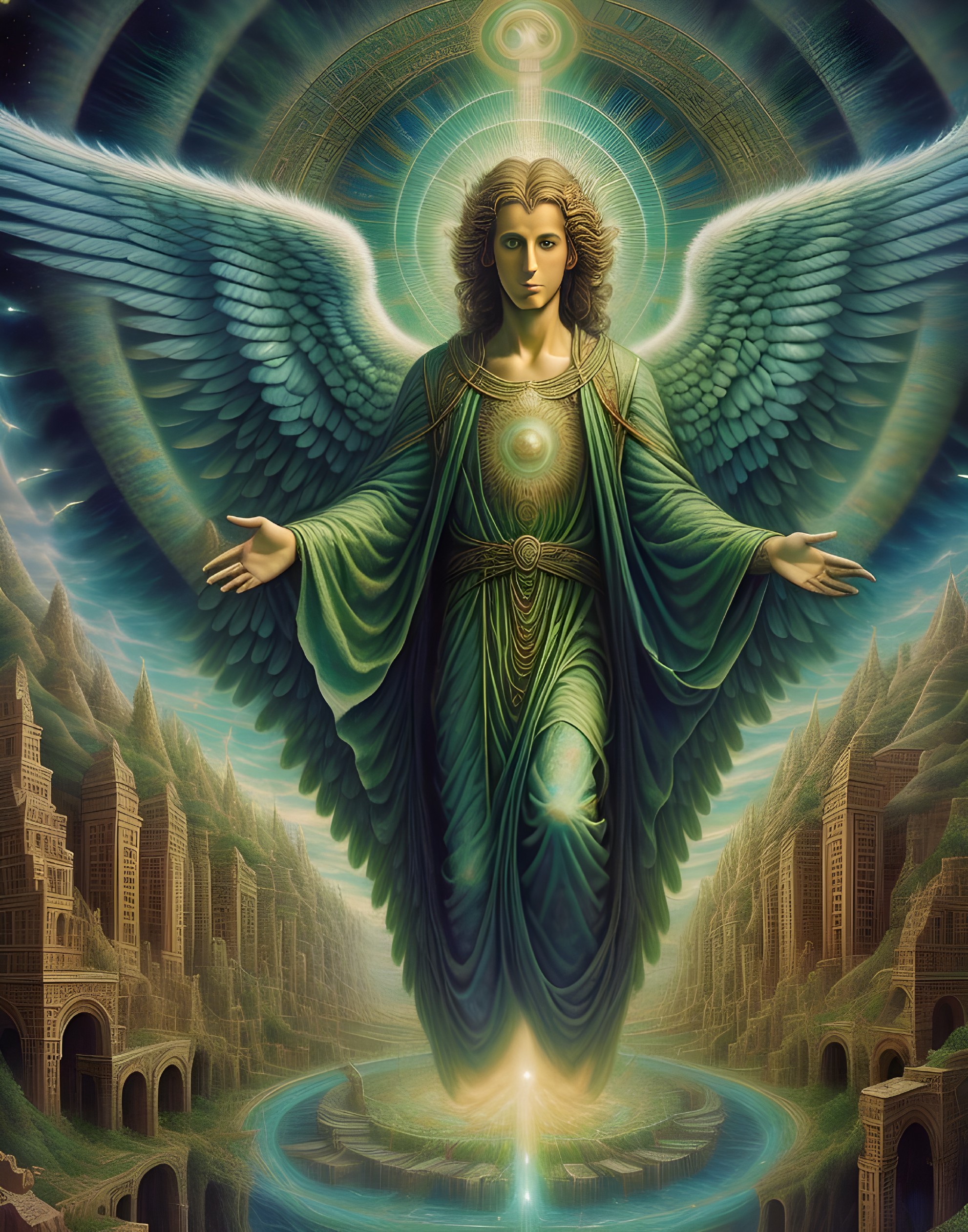 Majestic Angel with Luminous Wings in Serene Landscape