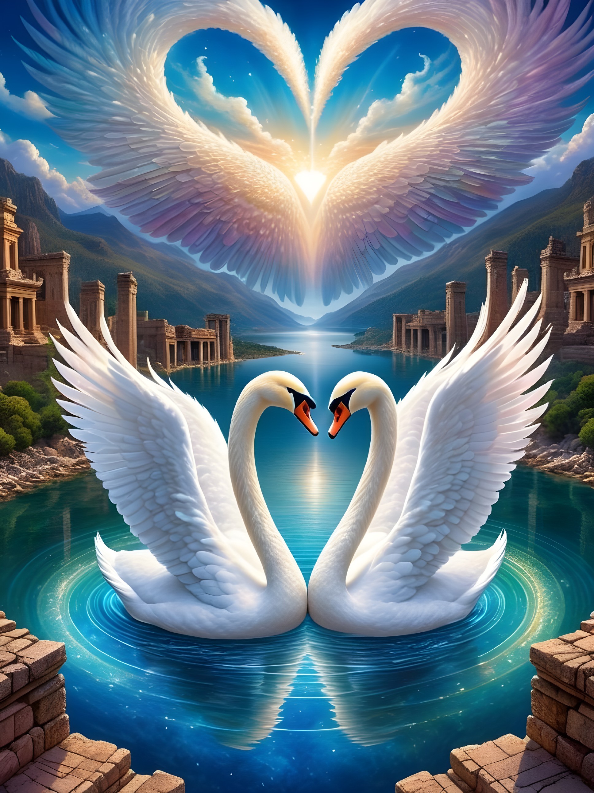 Swans Forming Heart Shape on Tranquil Lake Scene