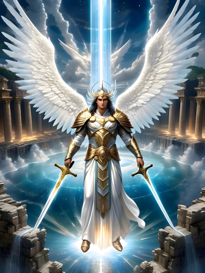 Majestic figure with wings and swords in celestial landscape