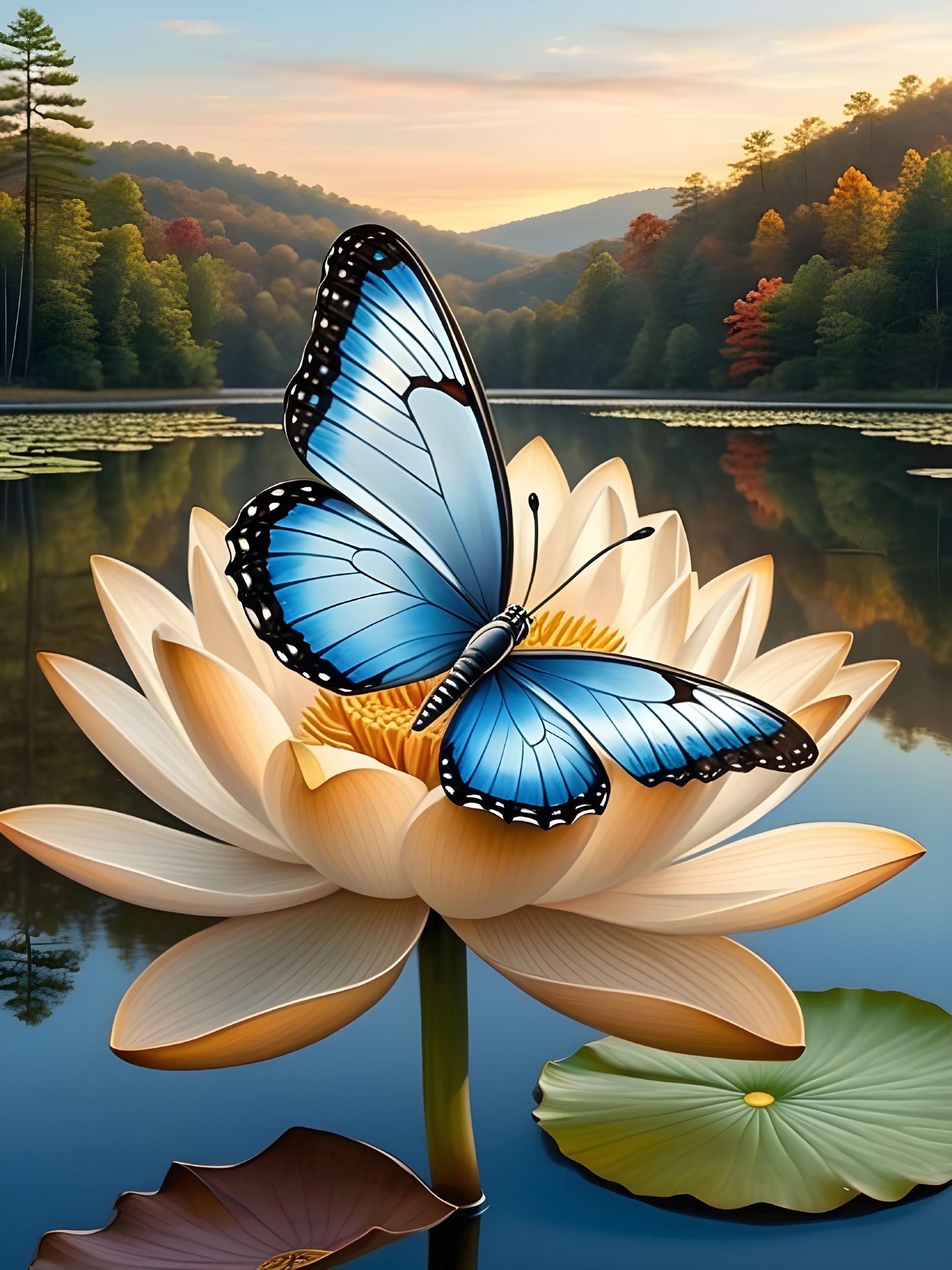 Blue Butterfly on Lotus Flower in Serene Landscape