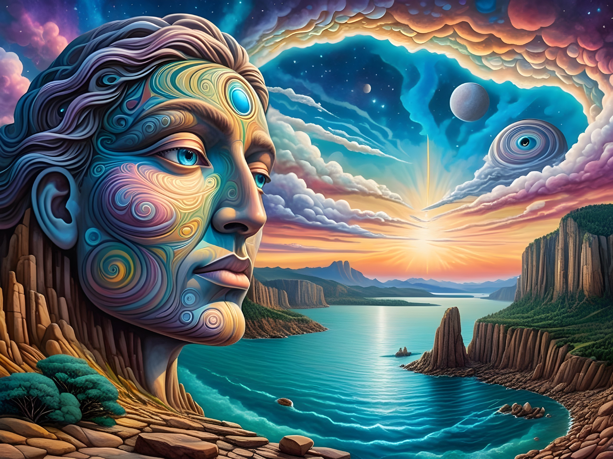Surreal Landscape with Colossal Ornate Head and Lake