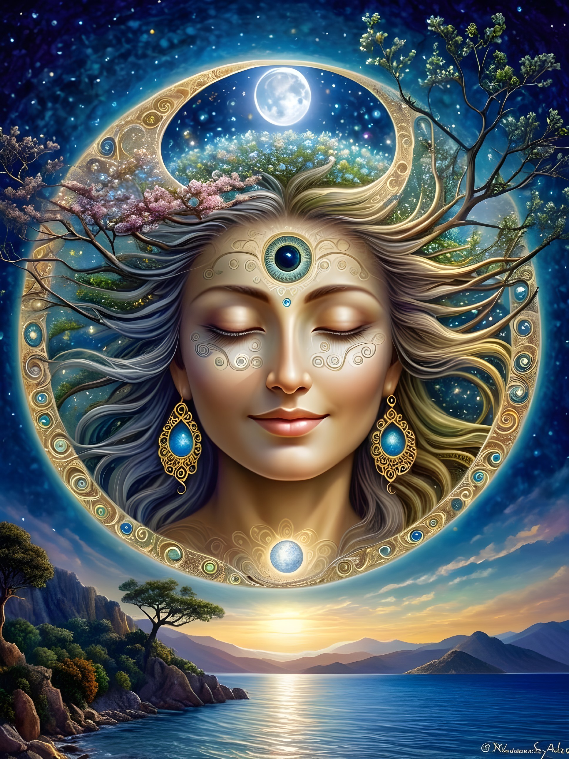 Serene Woman's Face with Celestial Nature Frame