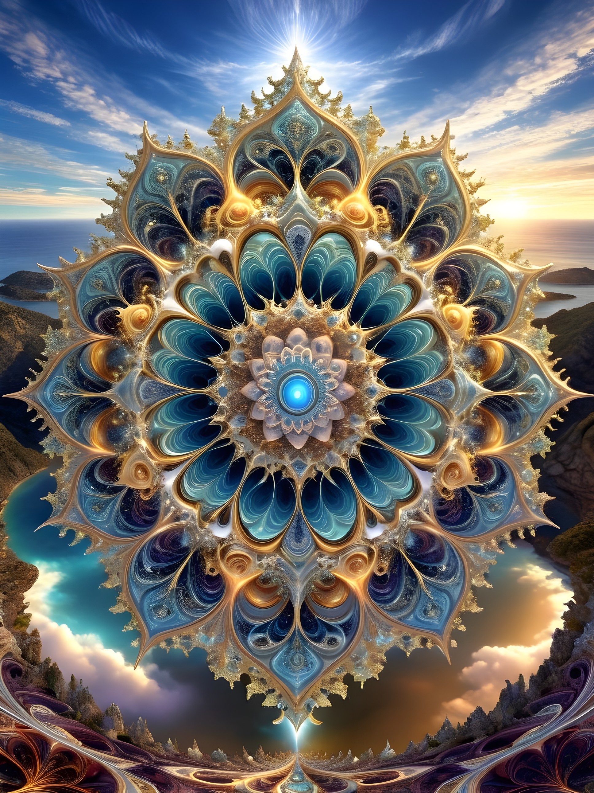 Abstract Mandala Design with Blue and Gold Patterns
