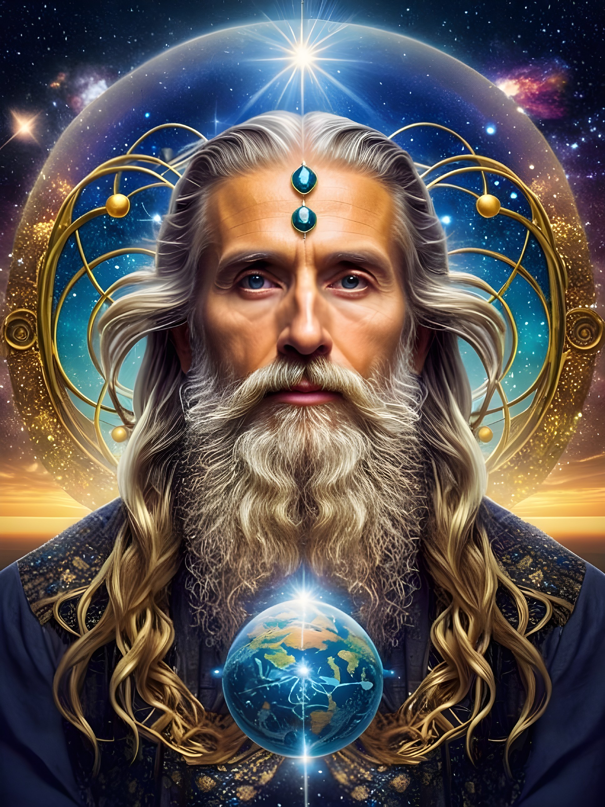 Wise Man Surrounded by Cosmic Symbols and Galaxy