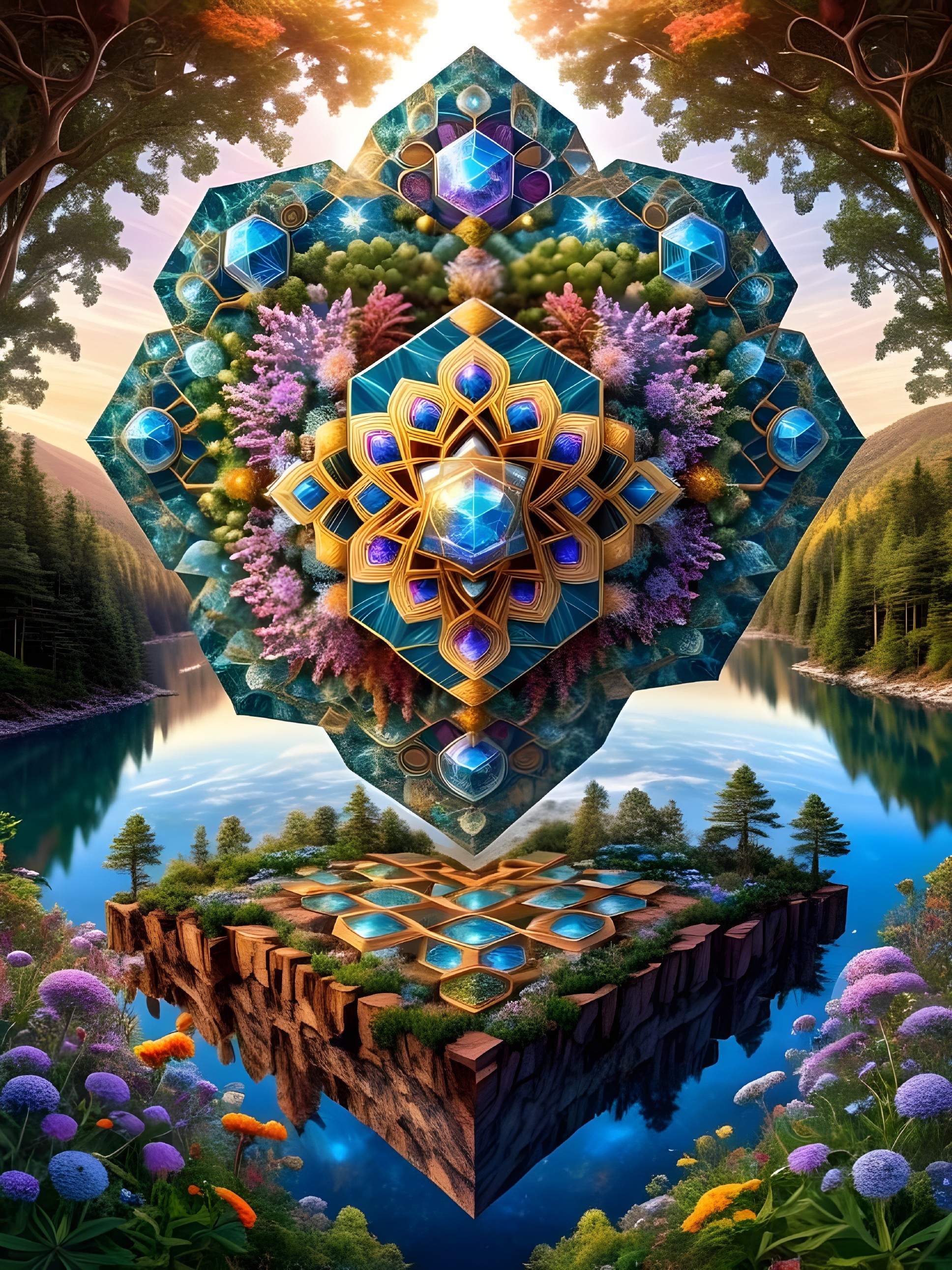 Surreal landscape with floating geometric structure and lake