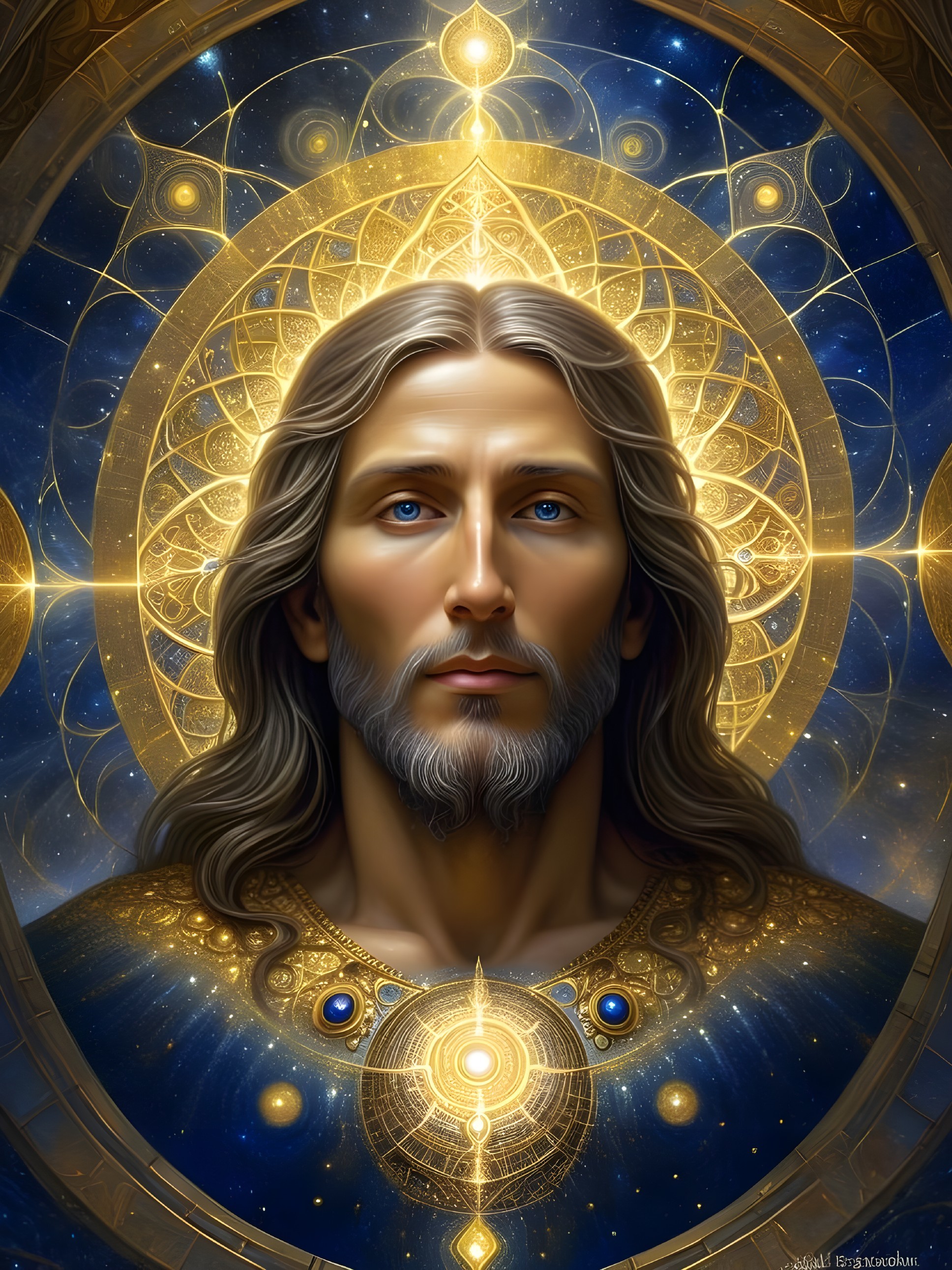 Serene Figure with Cosmic Background and Mandala Designs