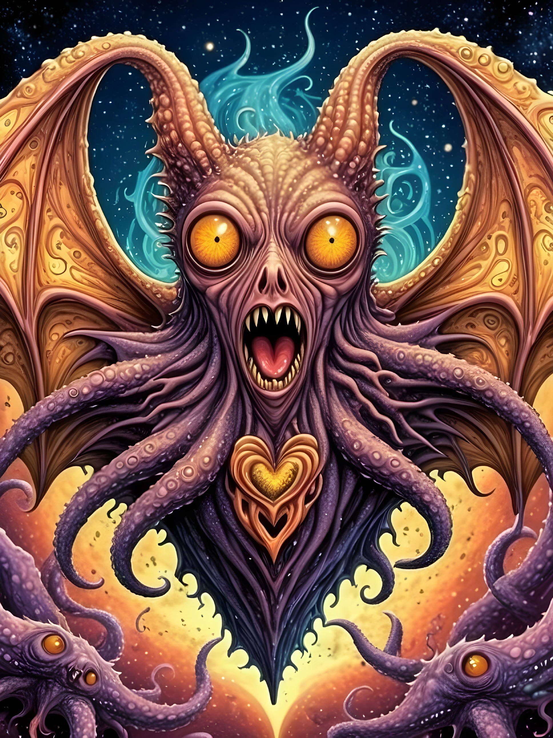 Grotesque Creature with Tentacles and Ornate Wings