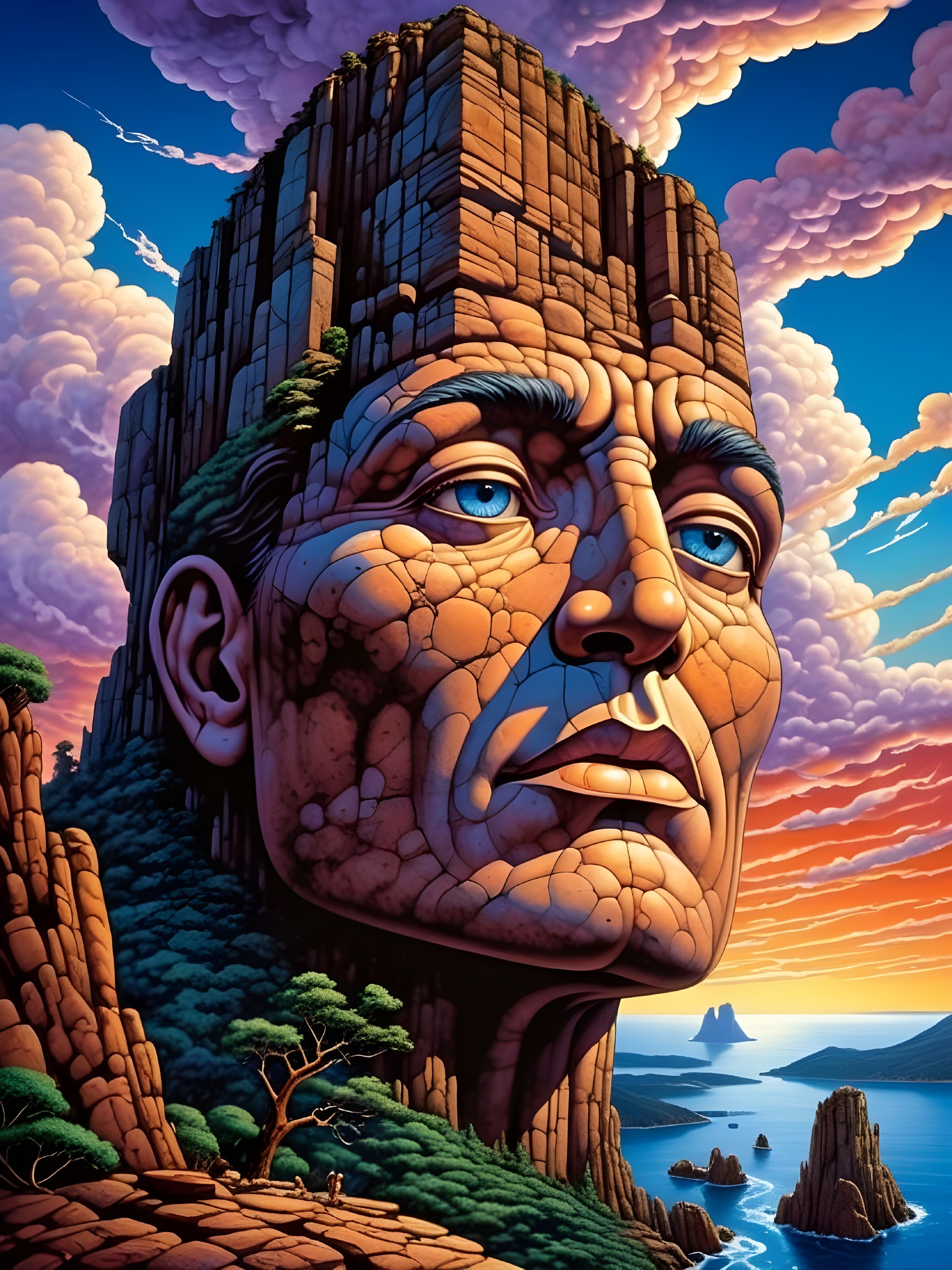 Digital Painting of Rocky Male Head in Mountain Landscape