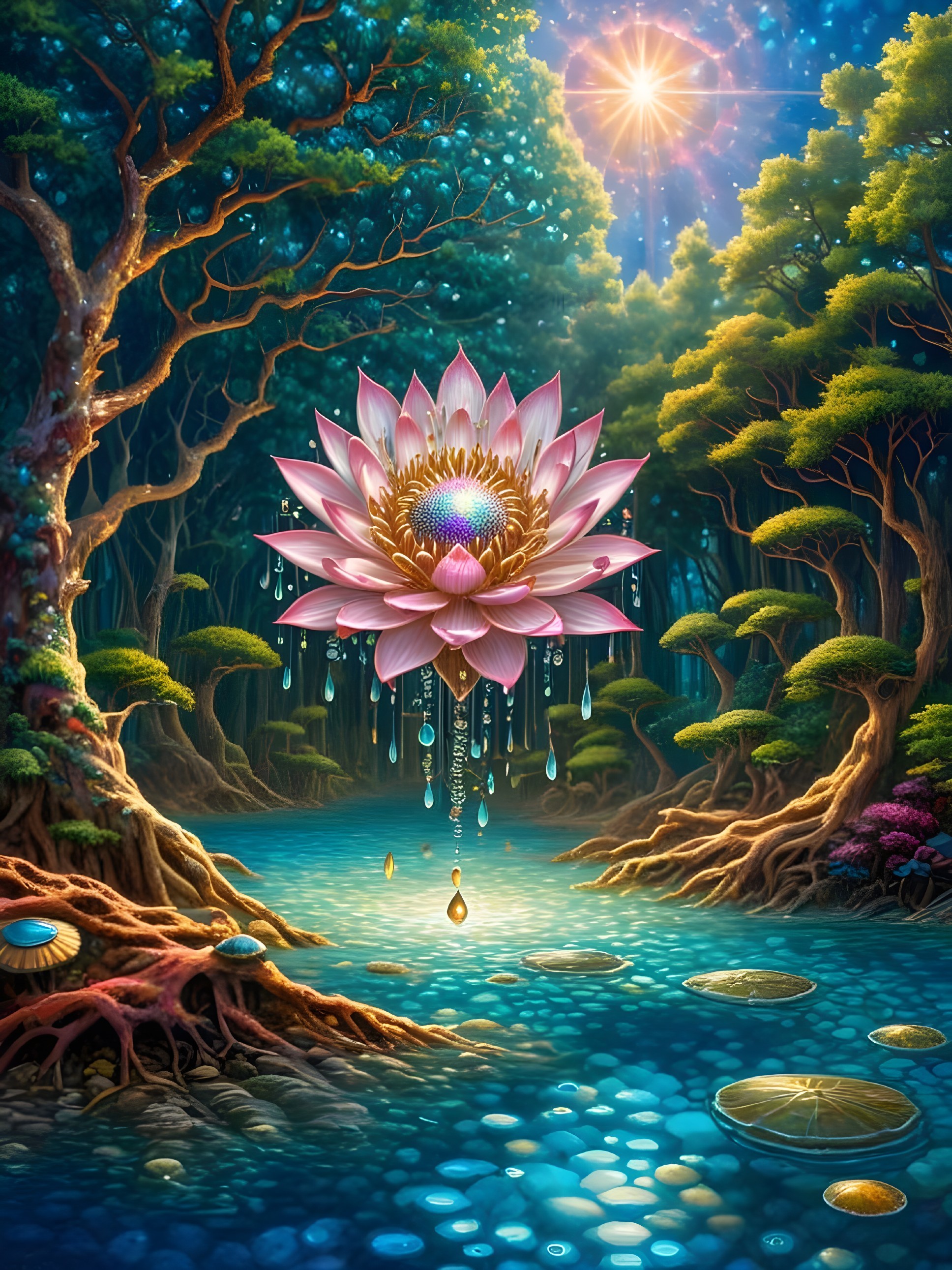 Enchanted Forest with Pink Lotus Flower and Pond