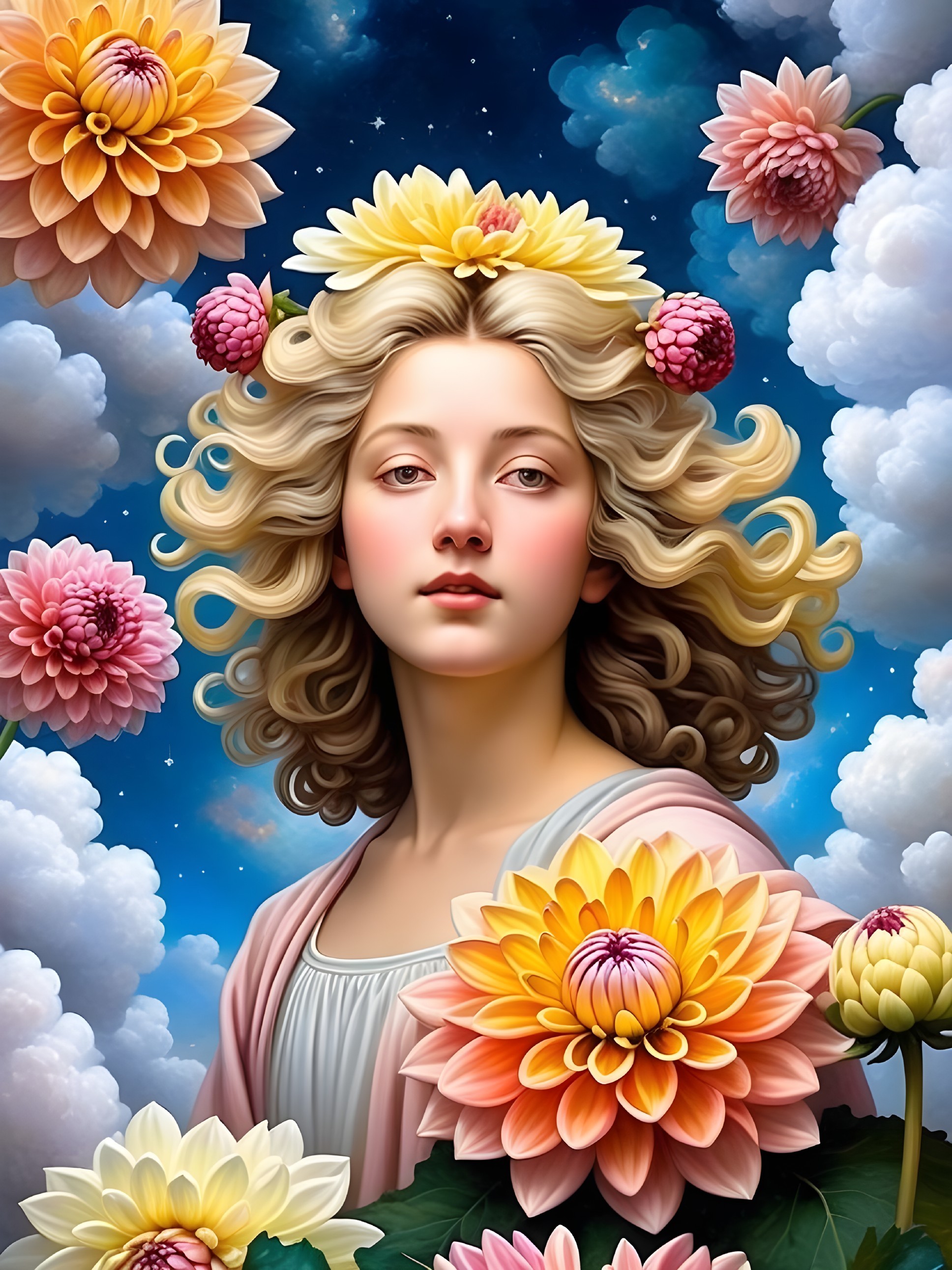 Serene Young Woman with Flowers and Blooming Dahlias