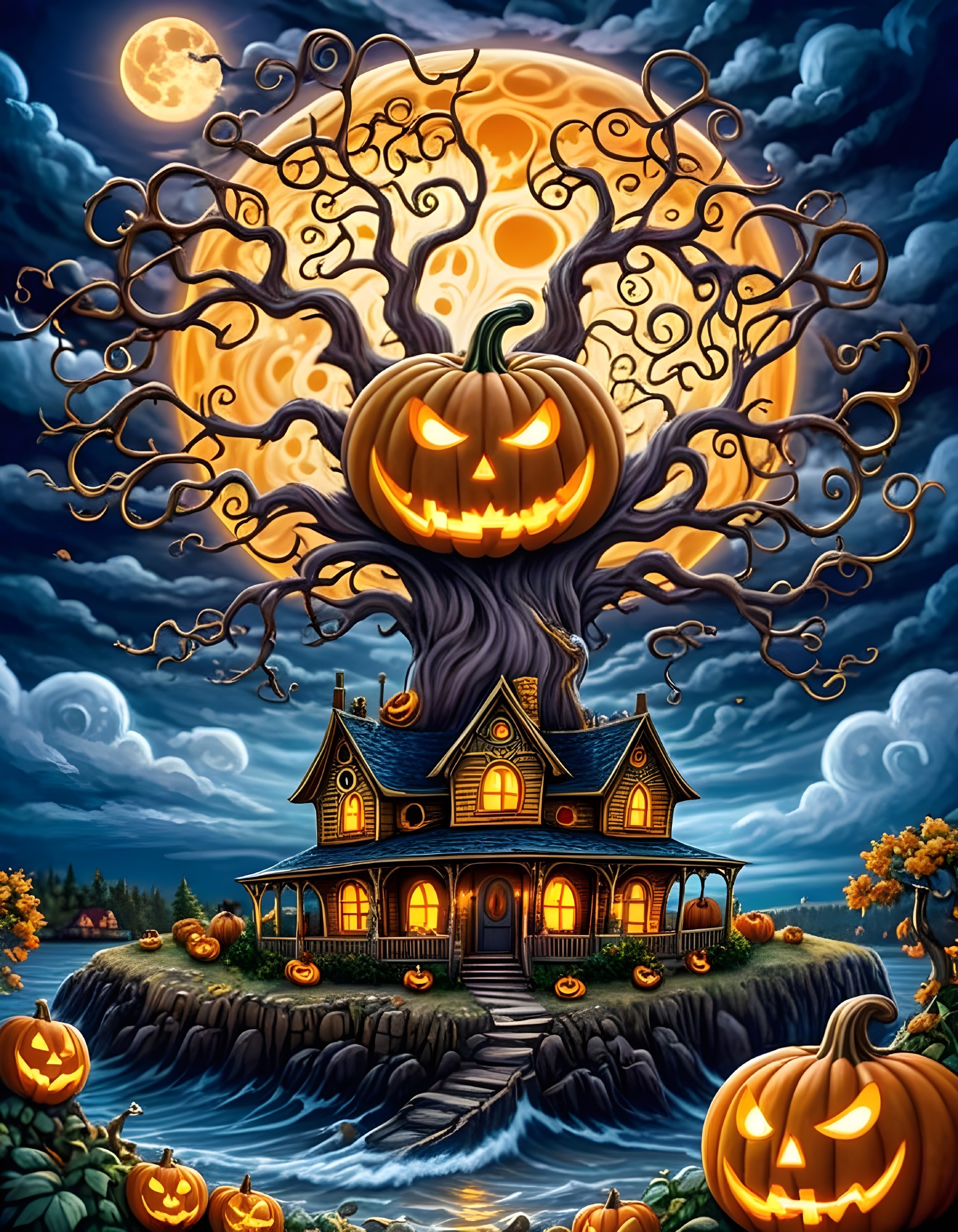 Haunted House Scene with Glowing Pumpkins and Moon