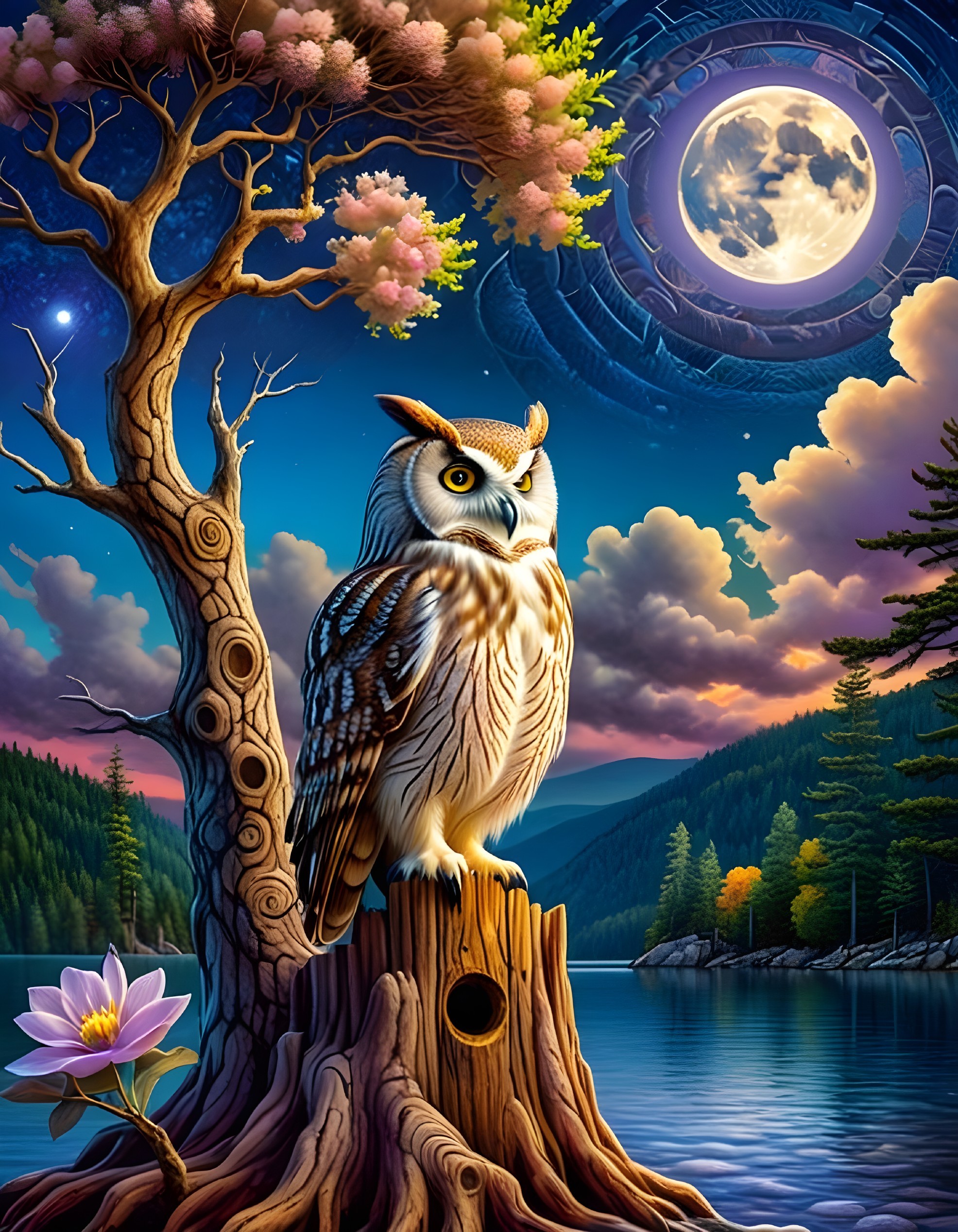 Majestic owl on tree stump by serene lake scene