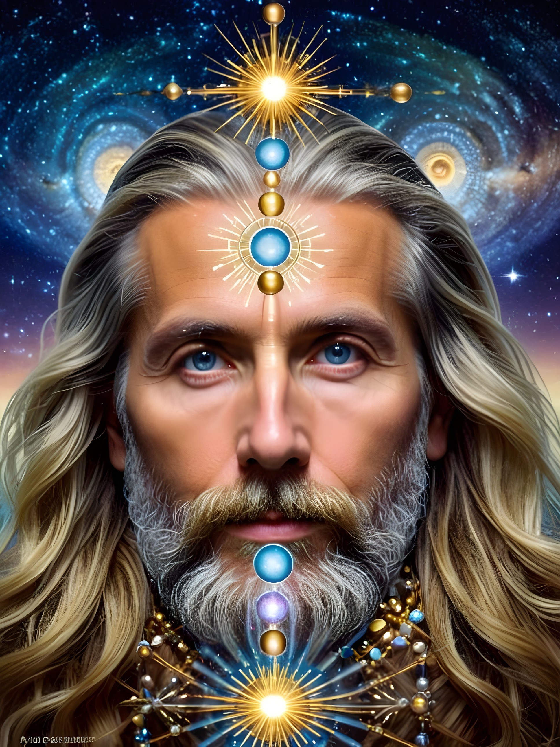 Mystical figure with silver hair and cosmic background