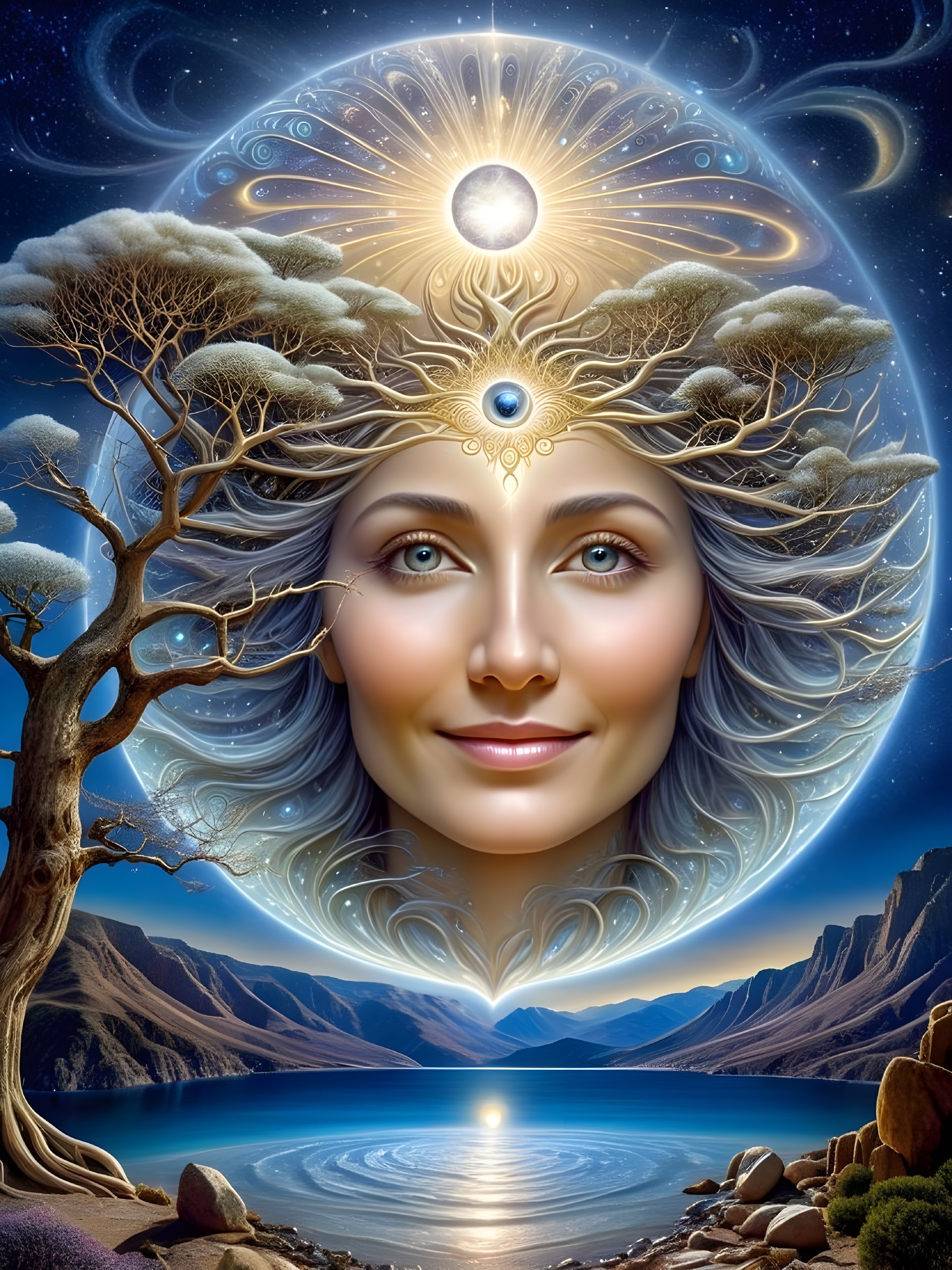 Ethereal Face in Vibrant Cosmic Landscape with Lake