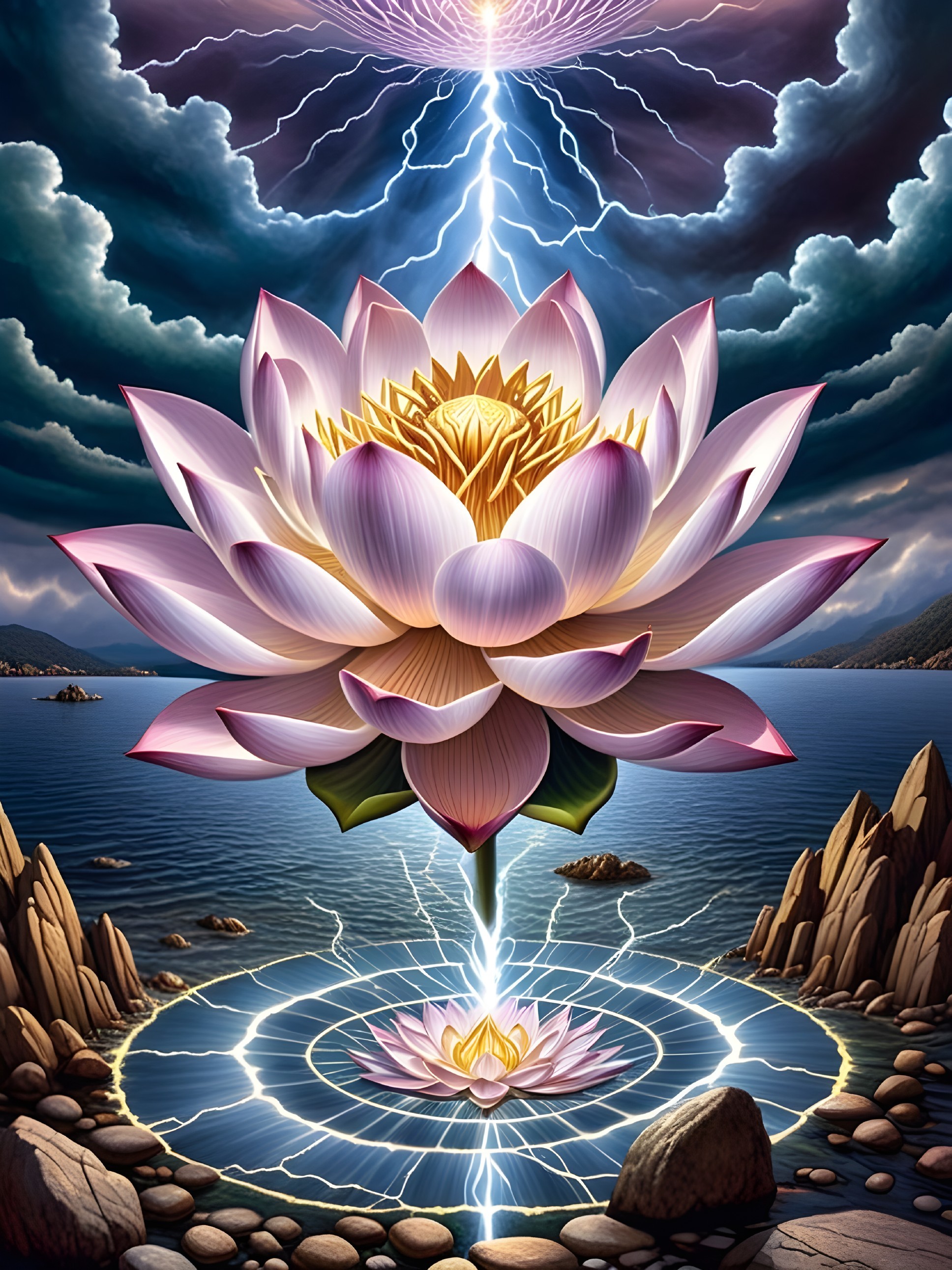 Surreal Lotus Flower Over Tranquil Lake Landscape