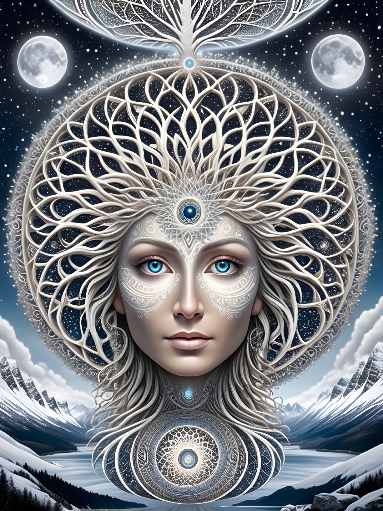 Intricate Female Face with Nature and Geometric Patterns