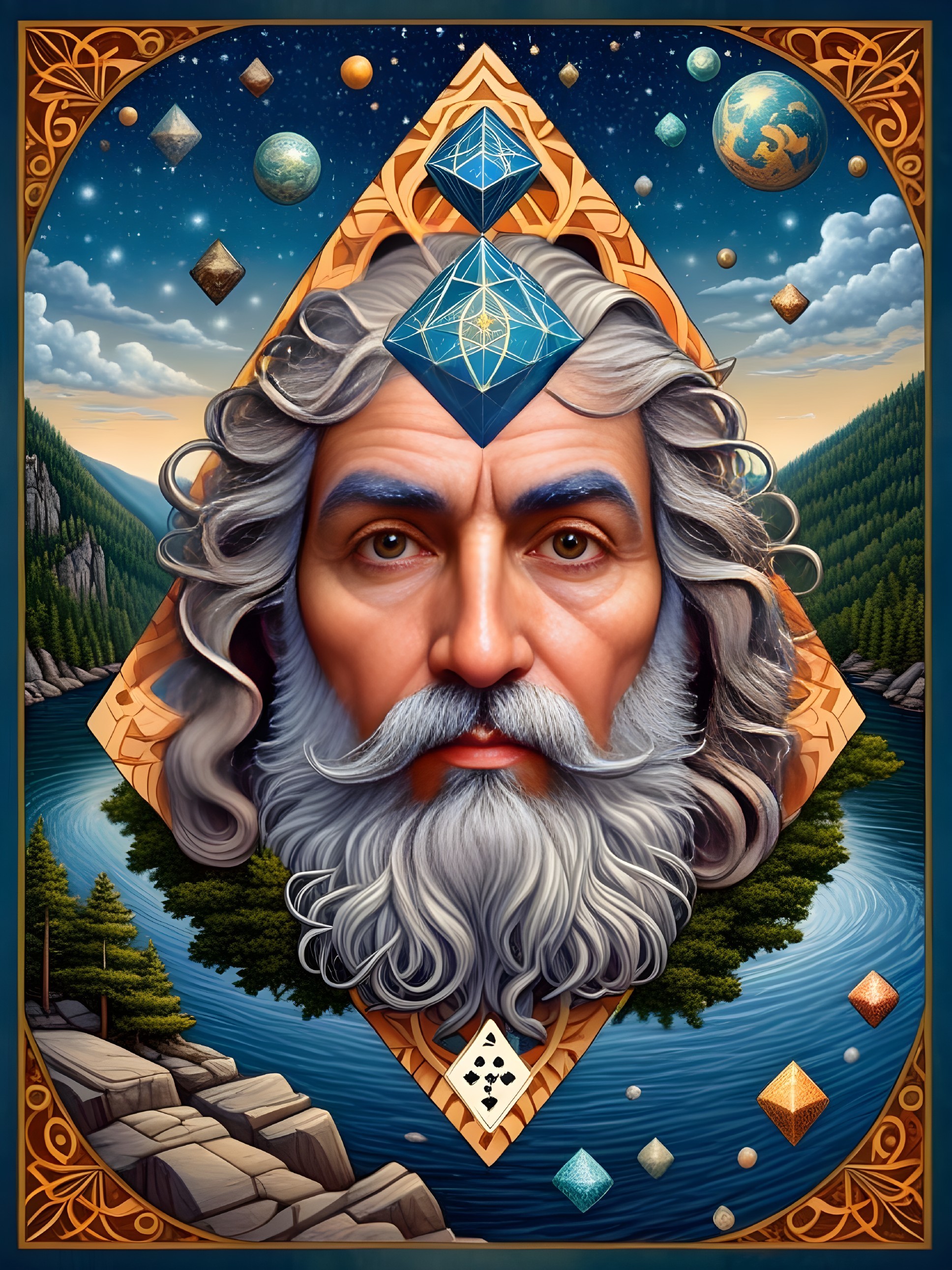 Regal figure in cosmic scene with geometric motifs