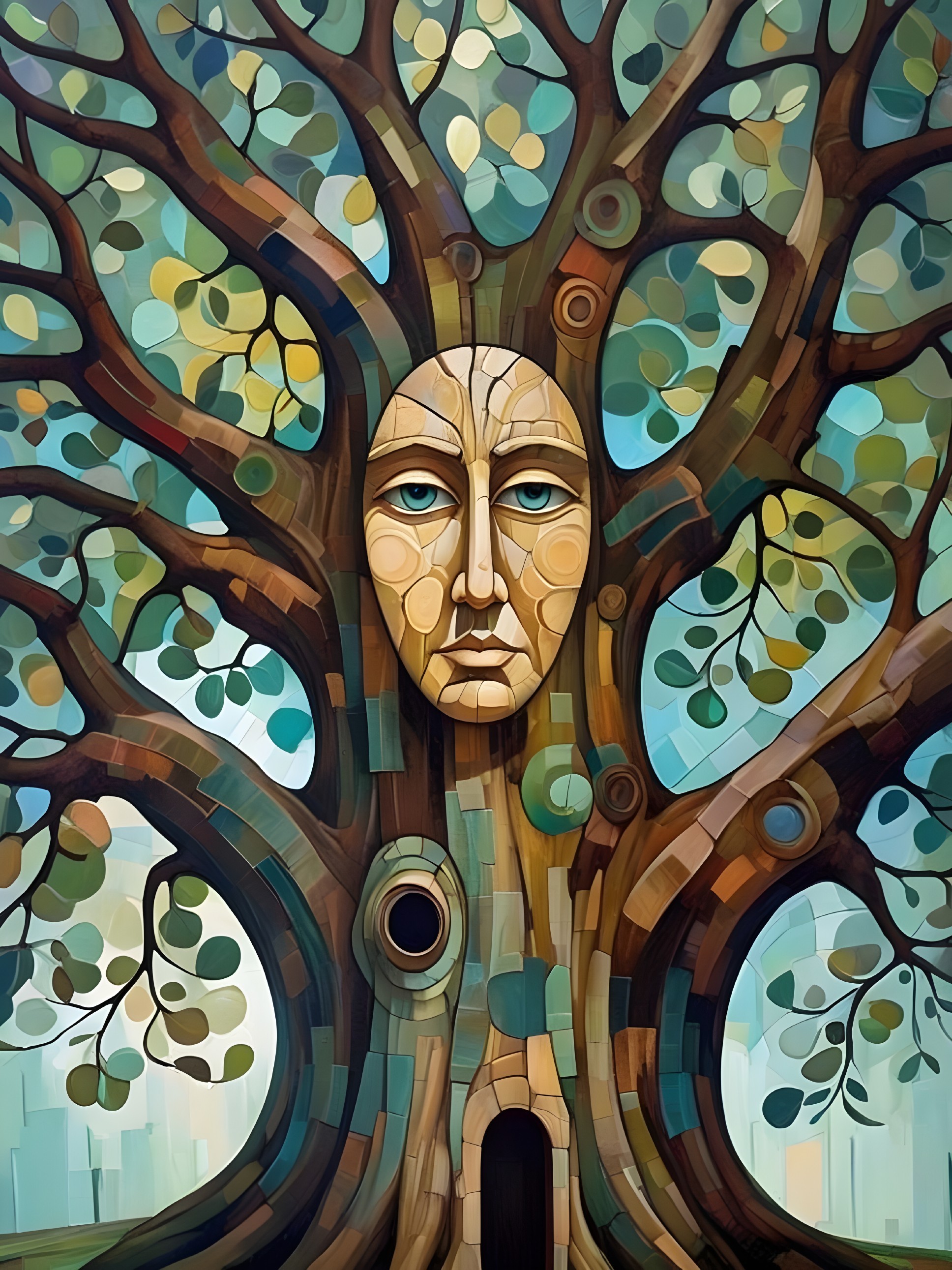 Stylized Tree Artwork with Human Face and Vibrant Colors