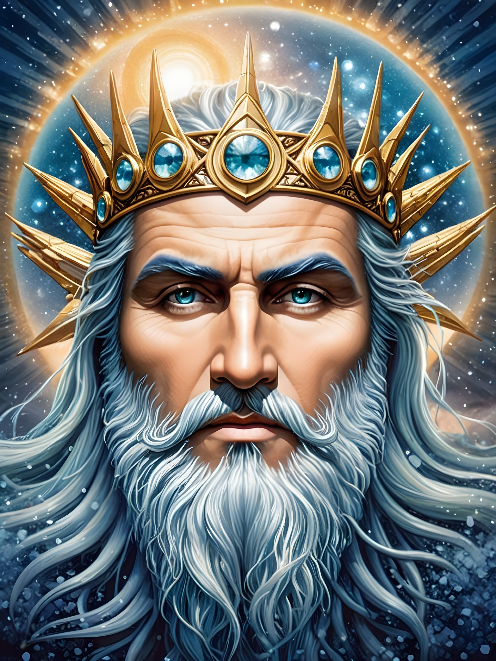 Majestic figure with white hair and golden crown