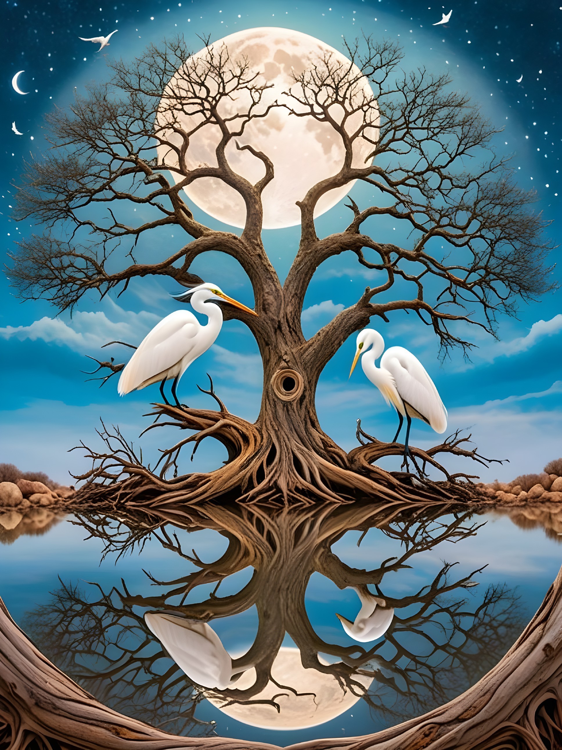 Surreal Landscape with Gnarled Tree and Herons