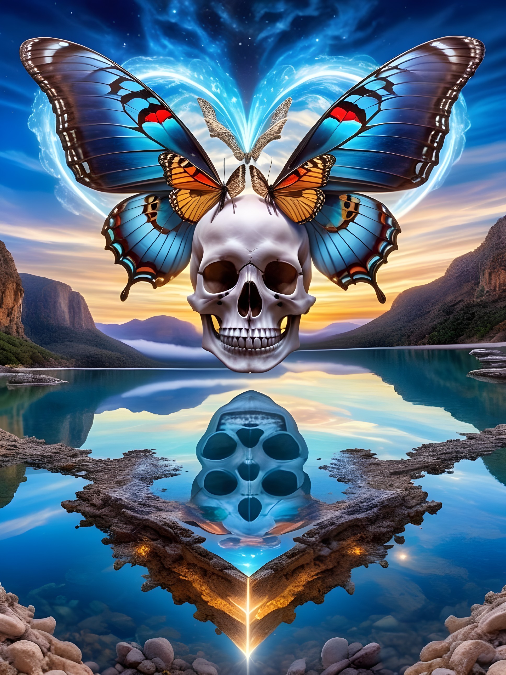 Surreal Scene with Skull and Vibrant Butterflies