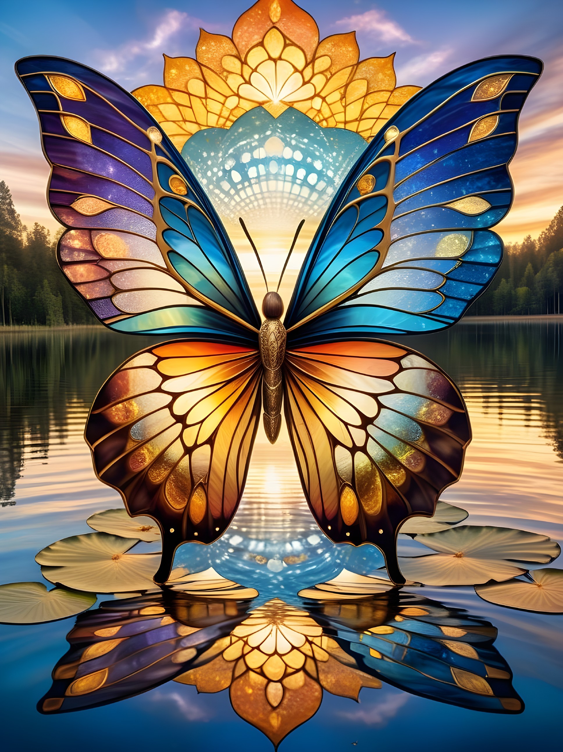 Vibrant Butterfly Above Serene Lake at Sunset