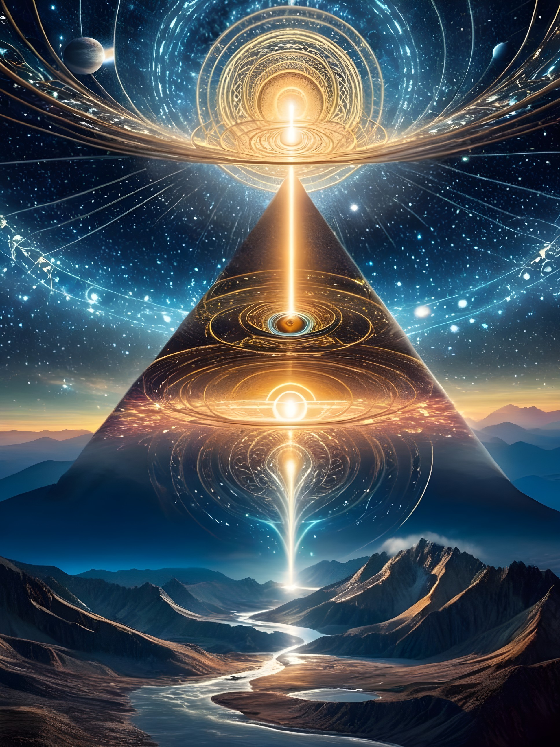 Radiant Pyramid with Cosmic Energy and Starry Background