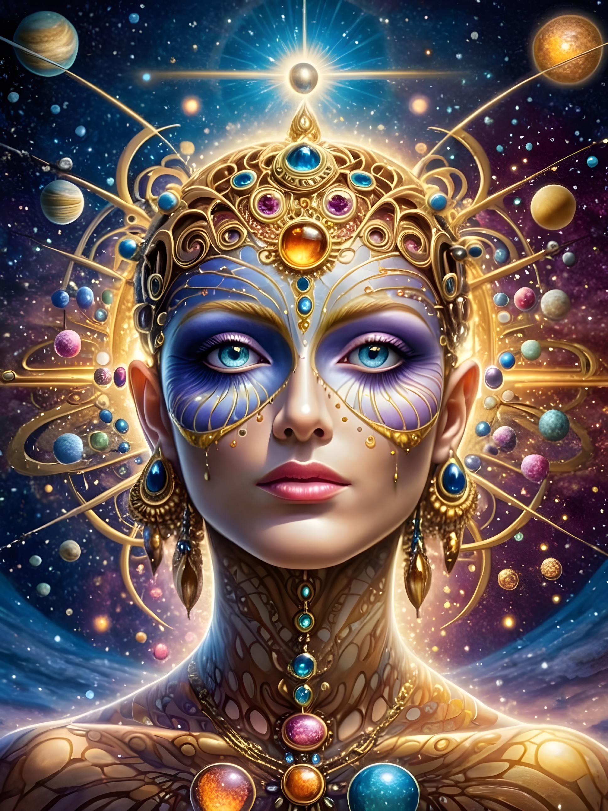 Ethereal Figure with Golden Jewelry and Cosmic Backdrop