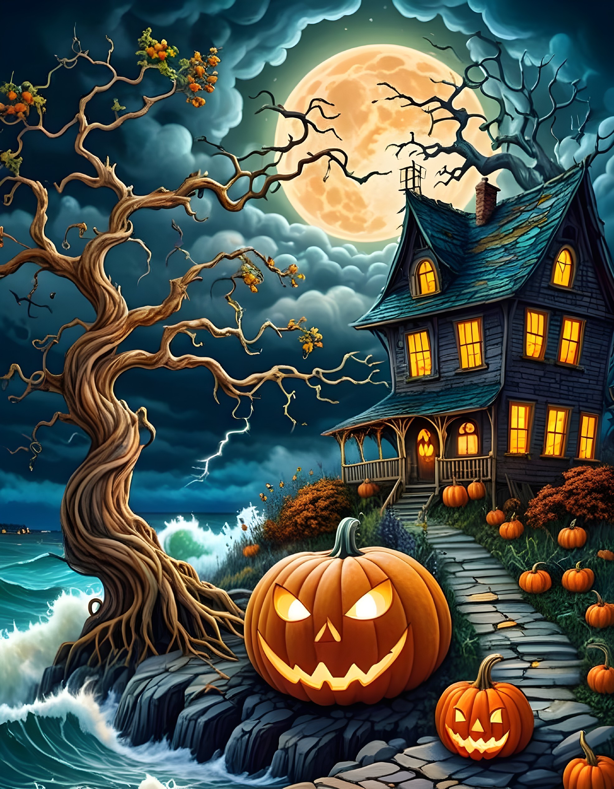 Haunted House Scene with Halloween Elements Under Moonlight