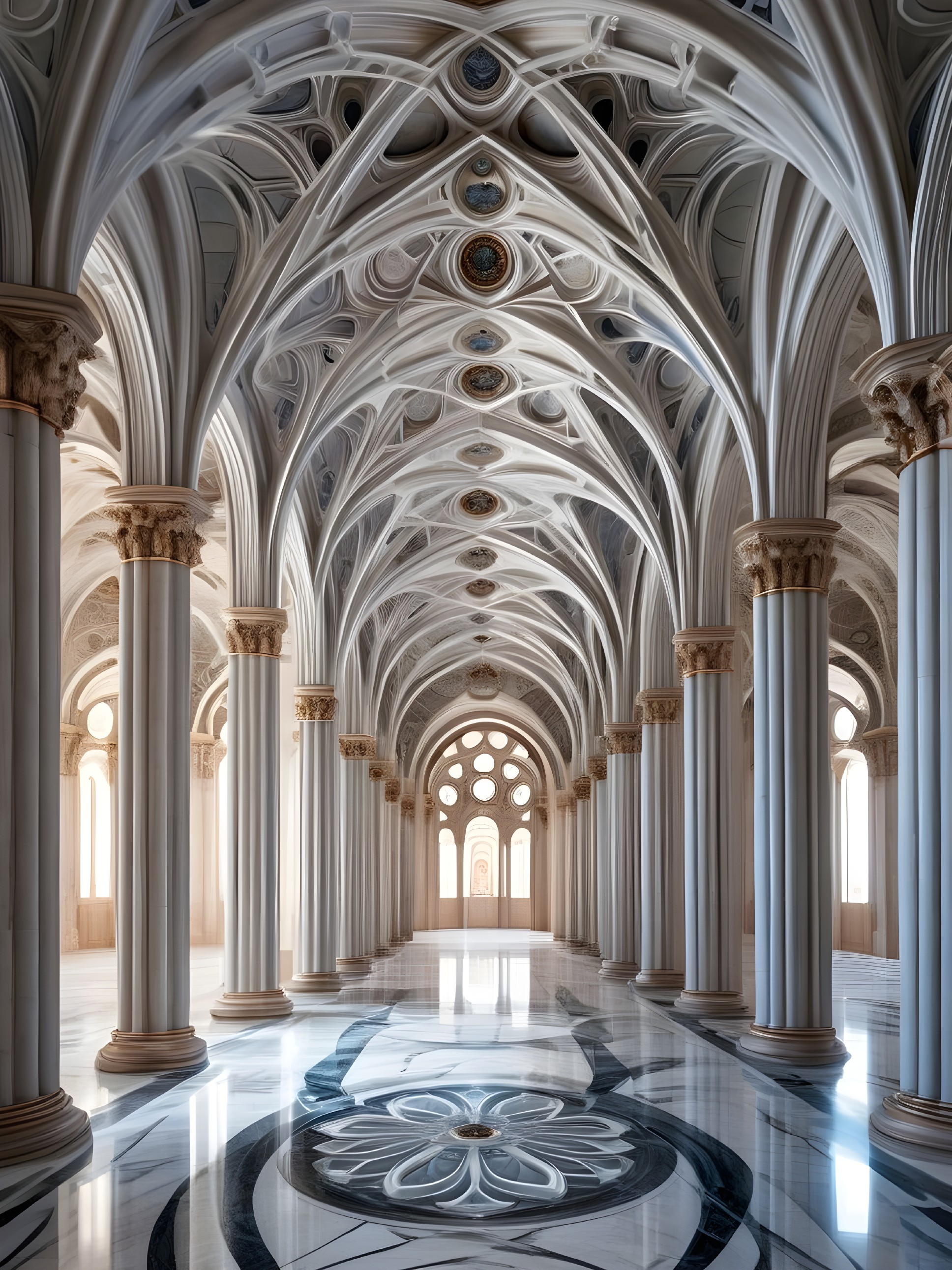 Ornate Gothic Hall with Vaulted Ceiling and Columns