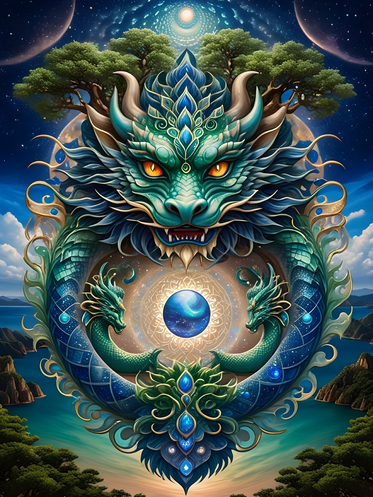 Majestic dragon with emerald scales in celestial scene