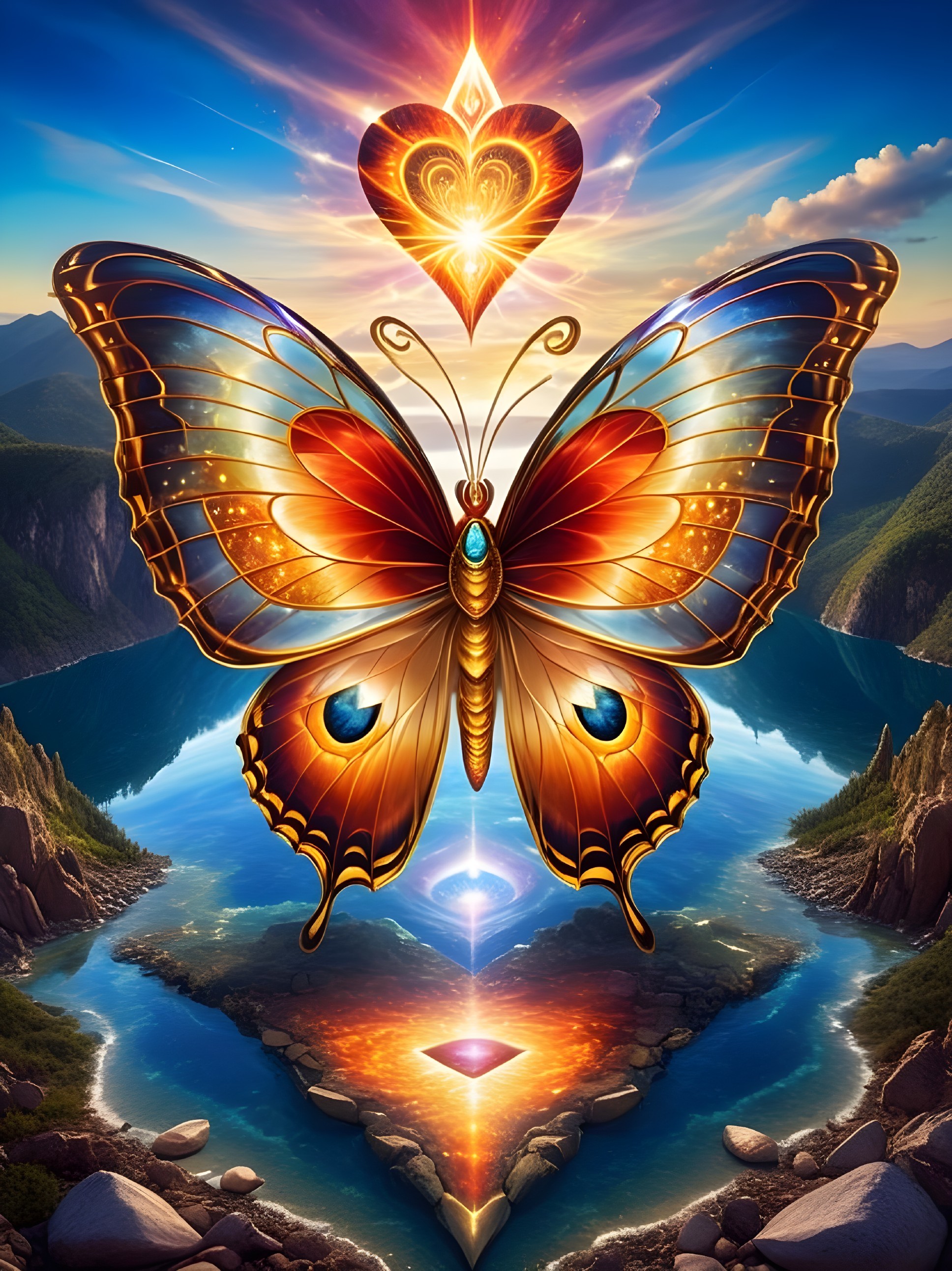 Vibrant Butterfly Over Serene Landscape with Mountains