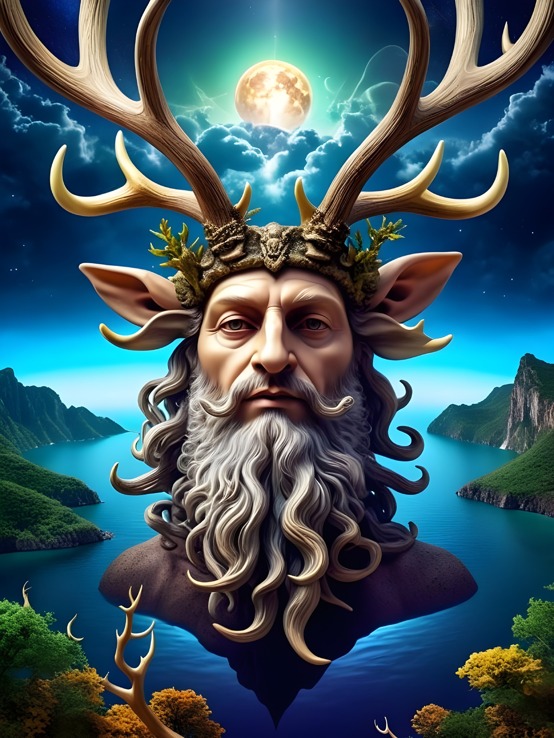 Ancient deity with antler crown in vibrant landscape