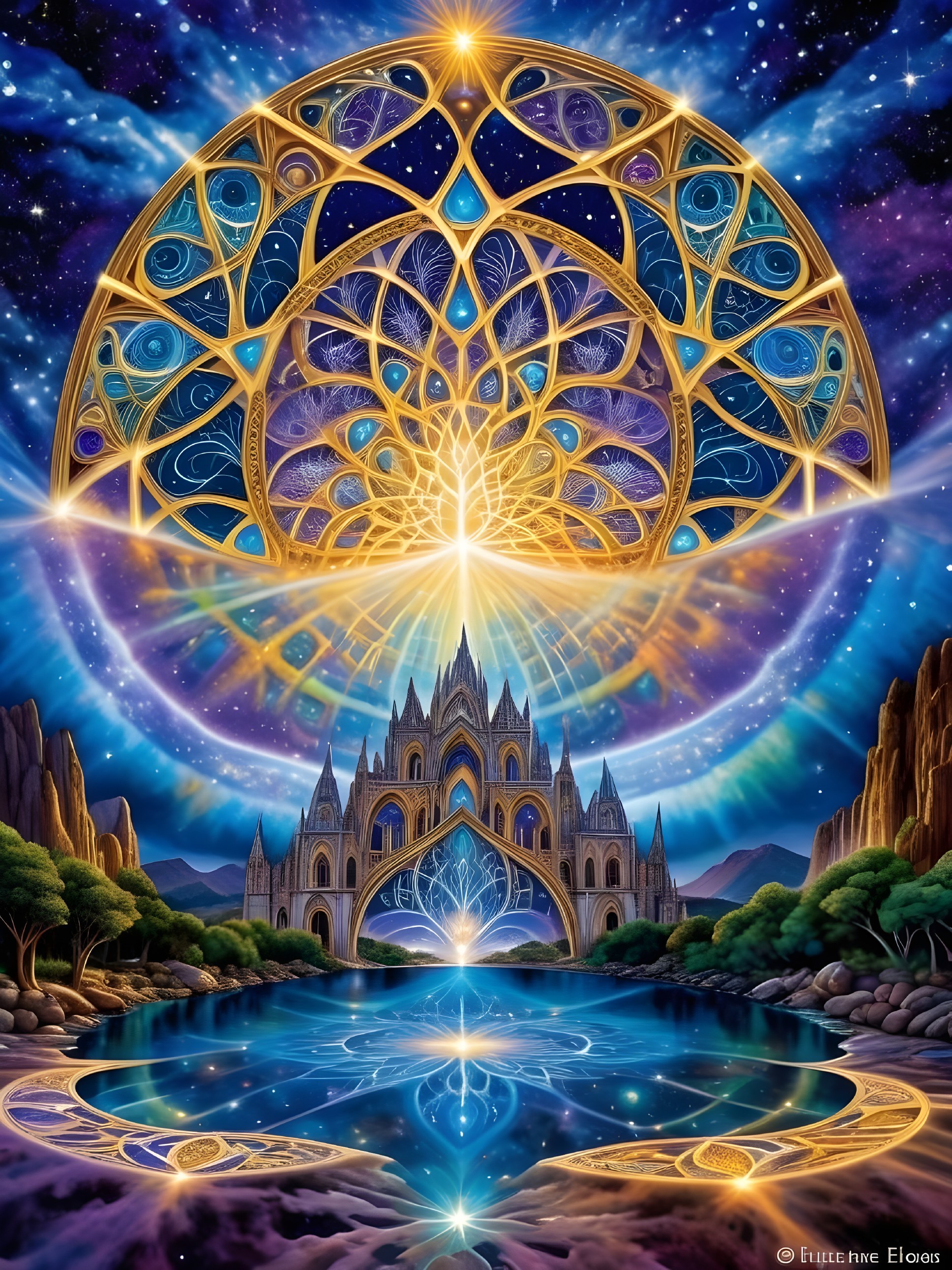 Cosmic Landscape with Majestic Castle and Lake Reflection