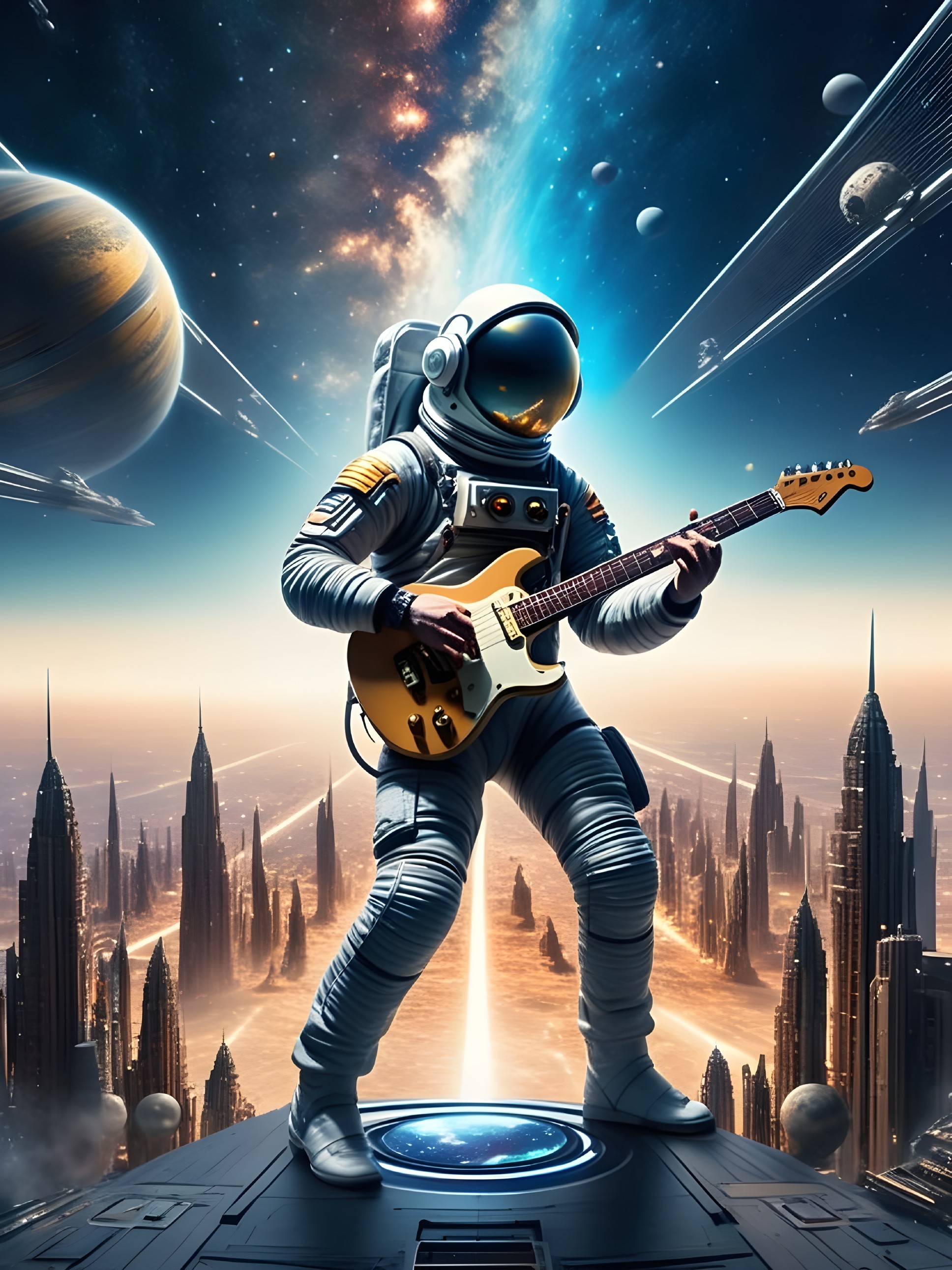 Astronaut Playing Guitar on Futuristic Cosmic Platform