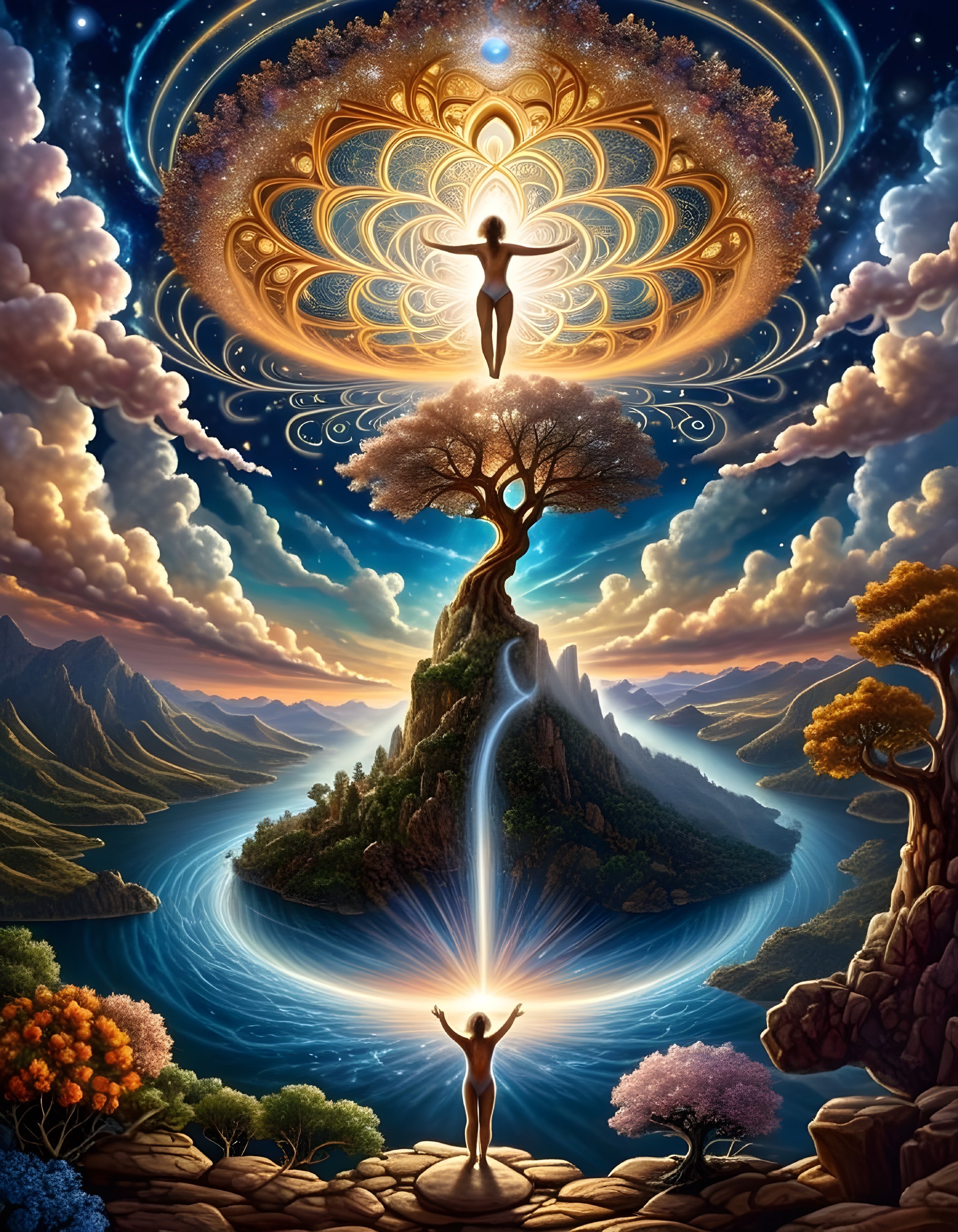Surreal Landscape with Radiant Figures and Nature Elements