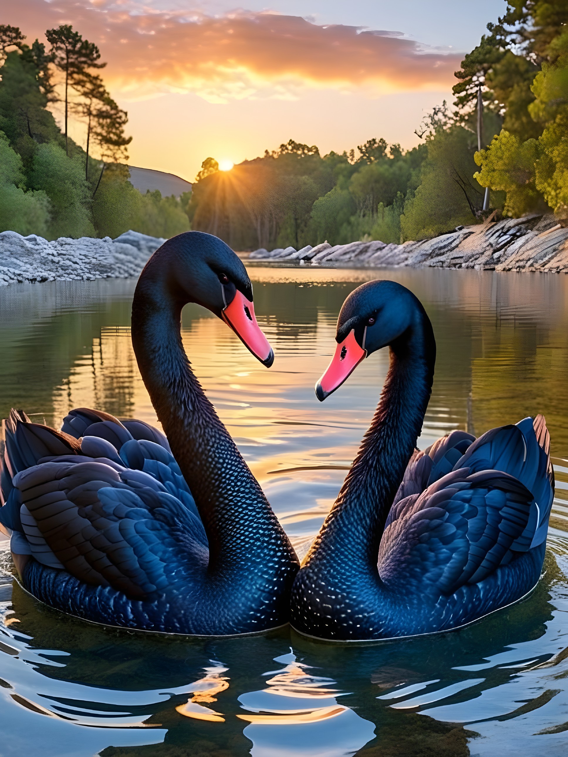 Black Swans Gliding on Serene Sunrise Water Scene