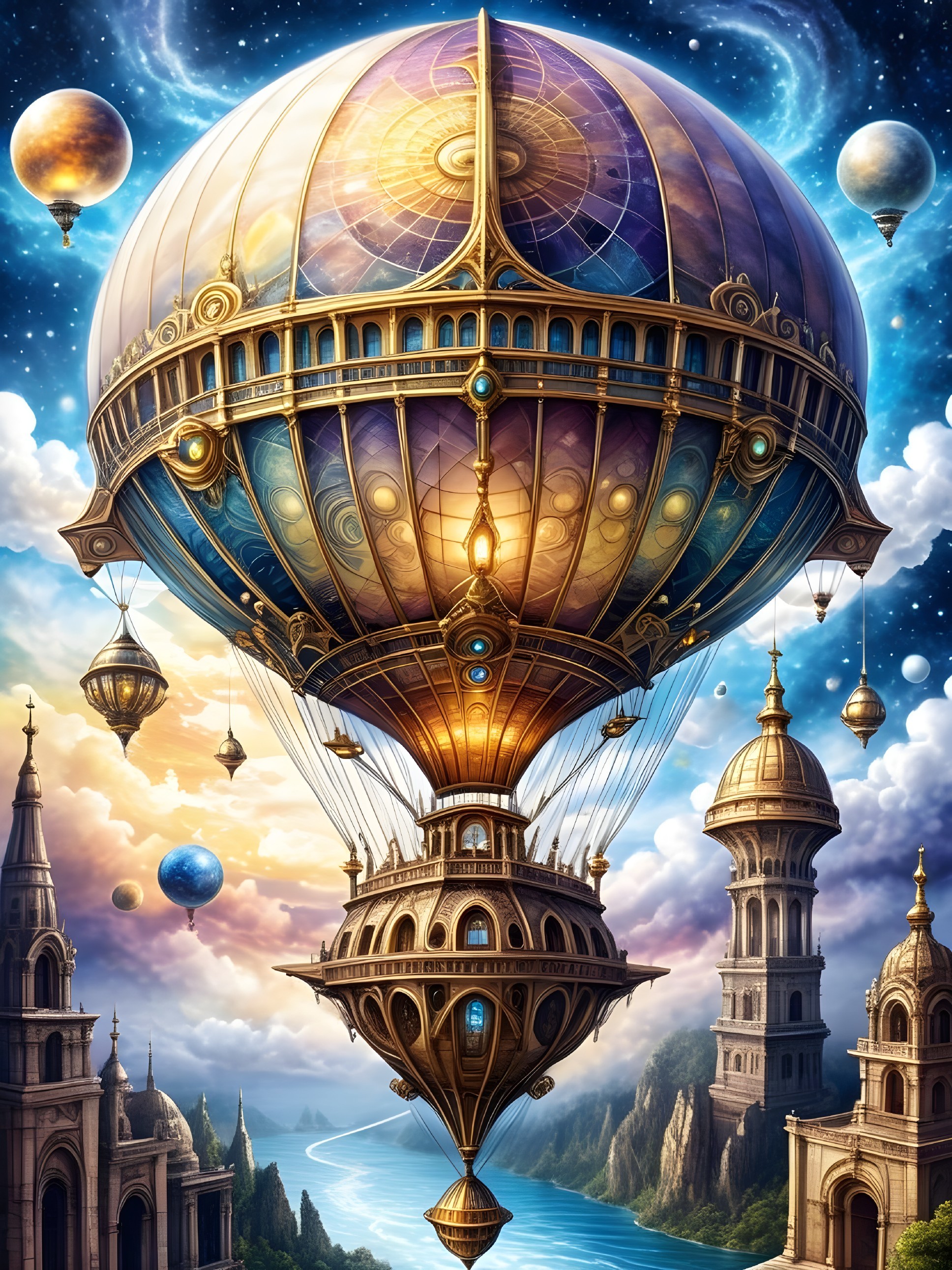 Intricate Steampunk Hot Air Balloon in Fantasy Landscape