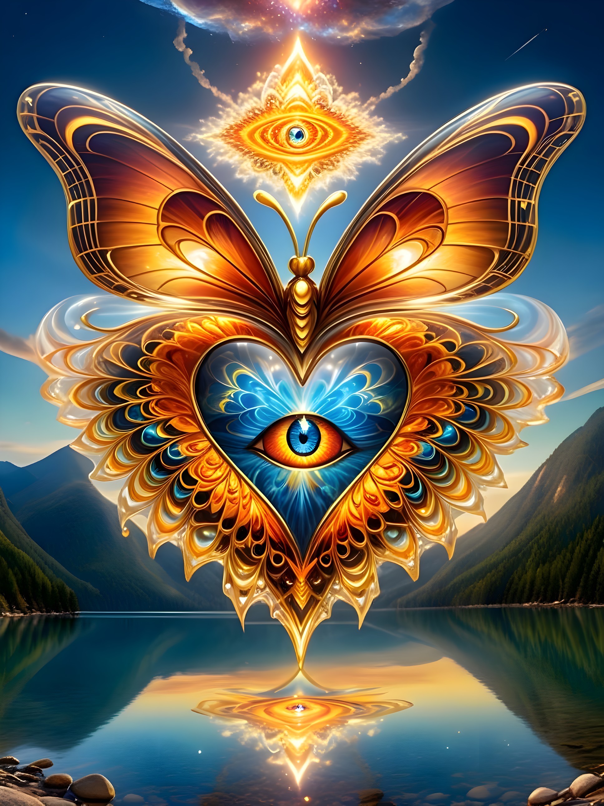 Surreal Butterfly with Heart-Shaped Wings and Cosmic Eye