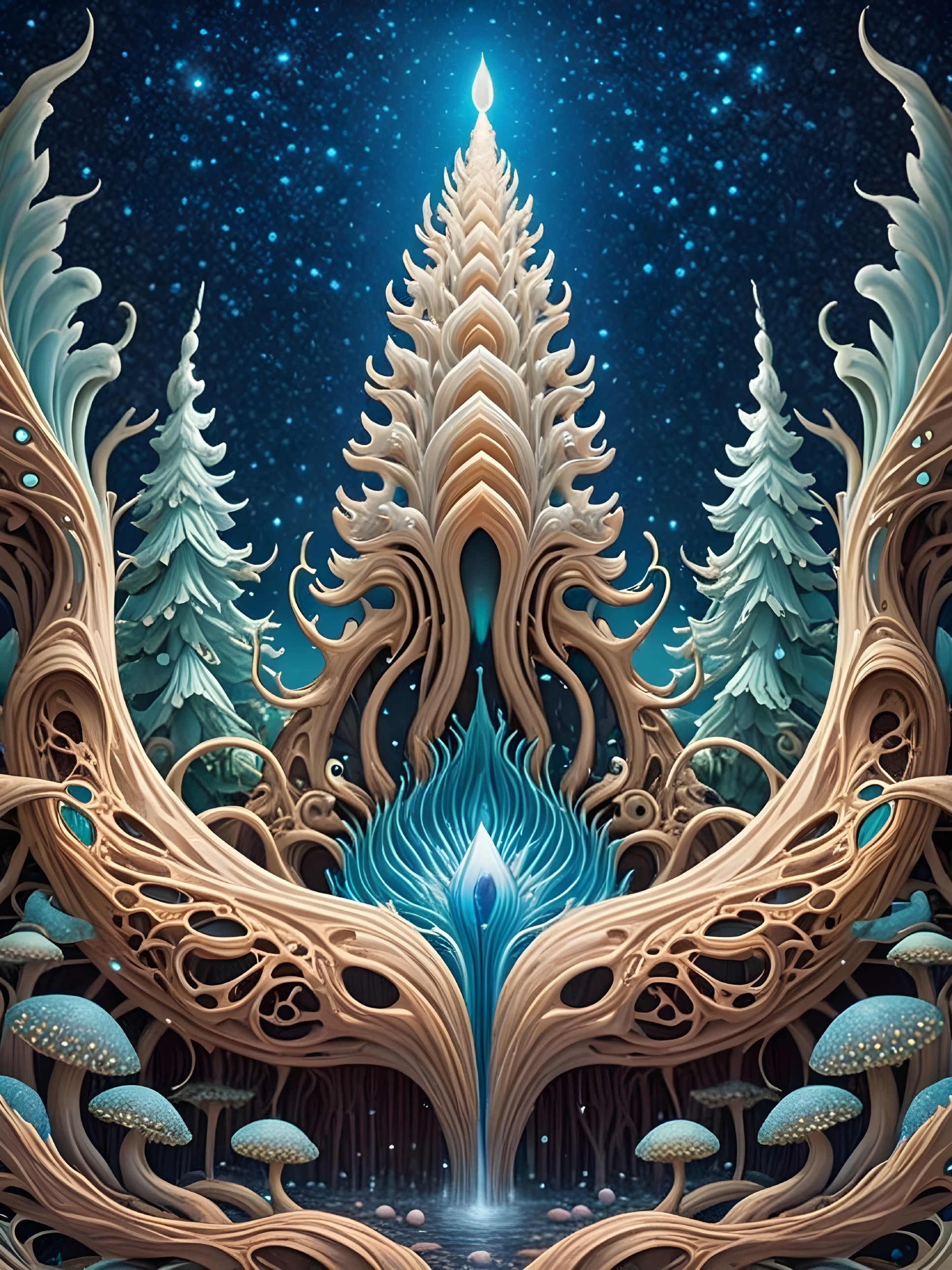 Fantastical Landscape with Ethereal Trees and Mushrooms
