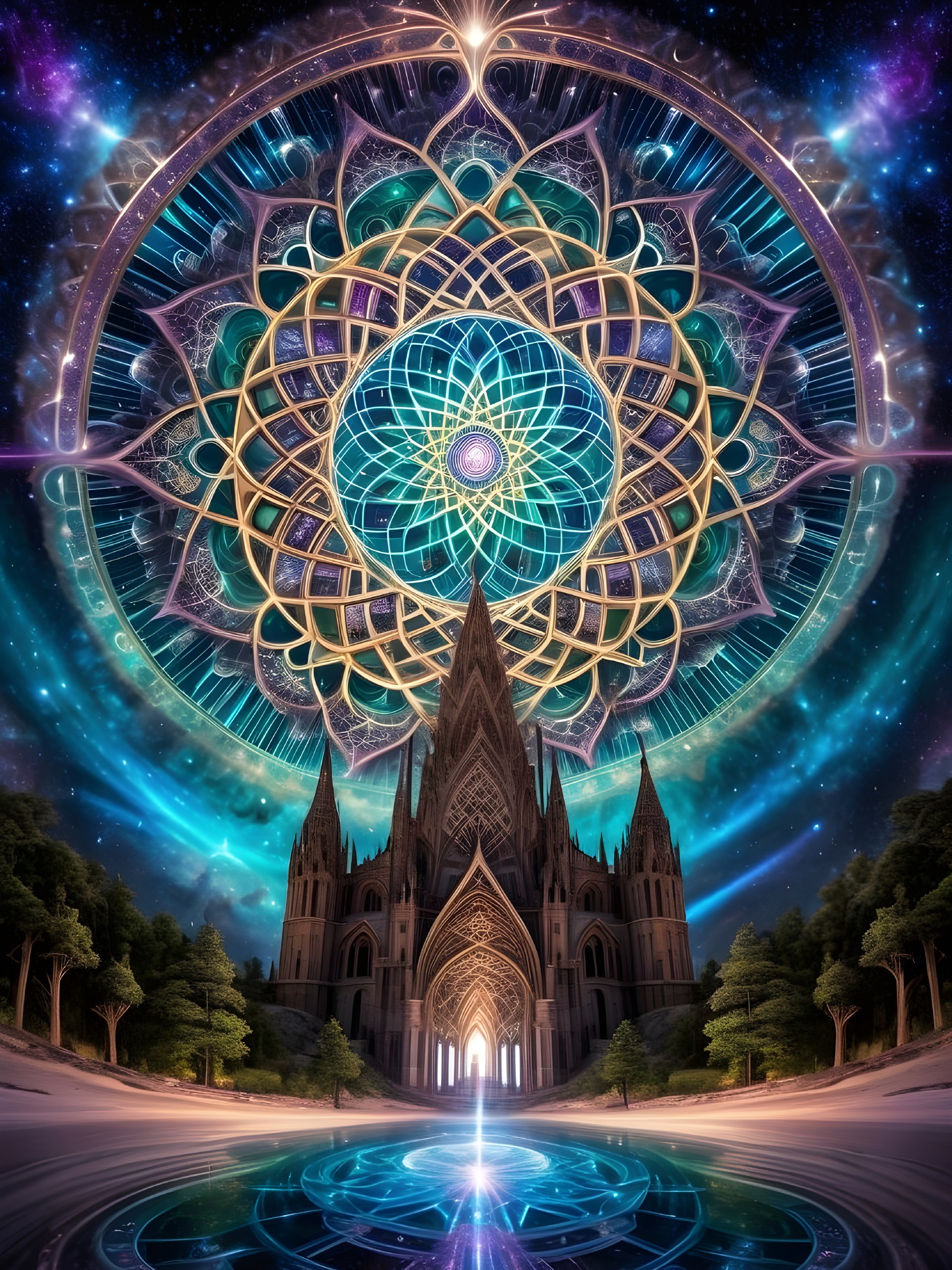 Majestic Cathedral Under Vibrant Cosmic Sky