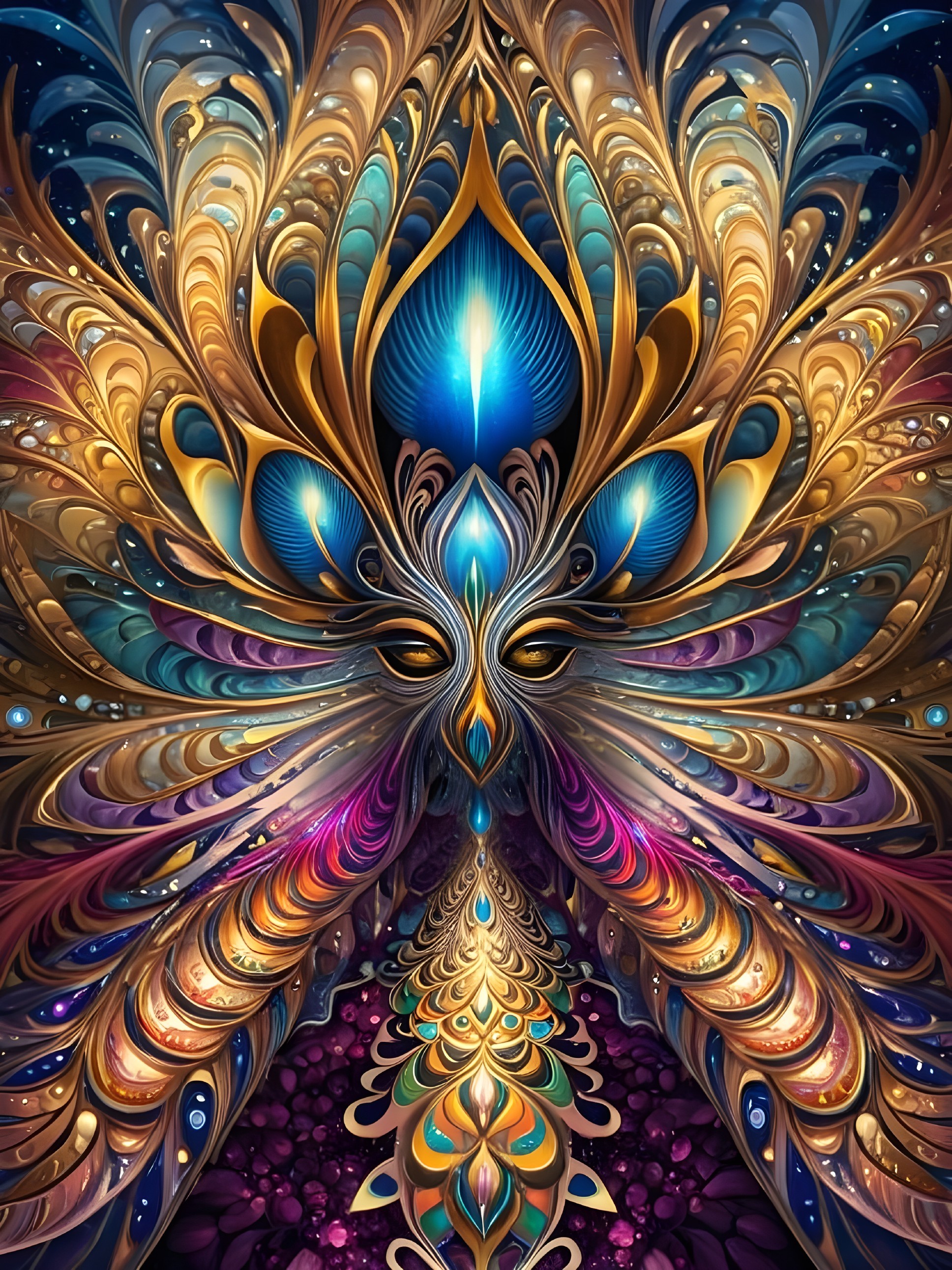 Vibrant Abstract Design with Peacock Motifs and Cosmos
