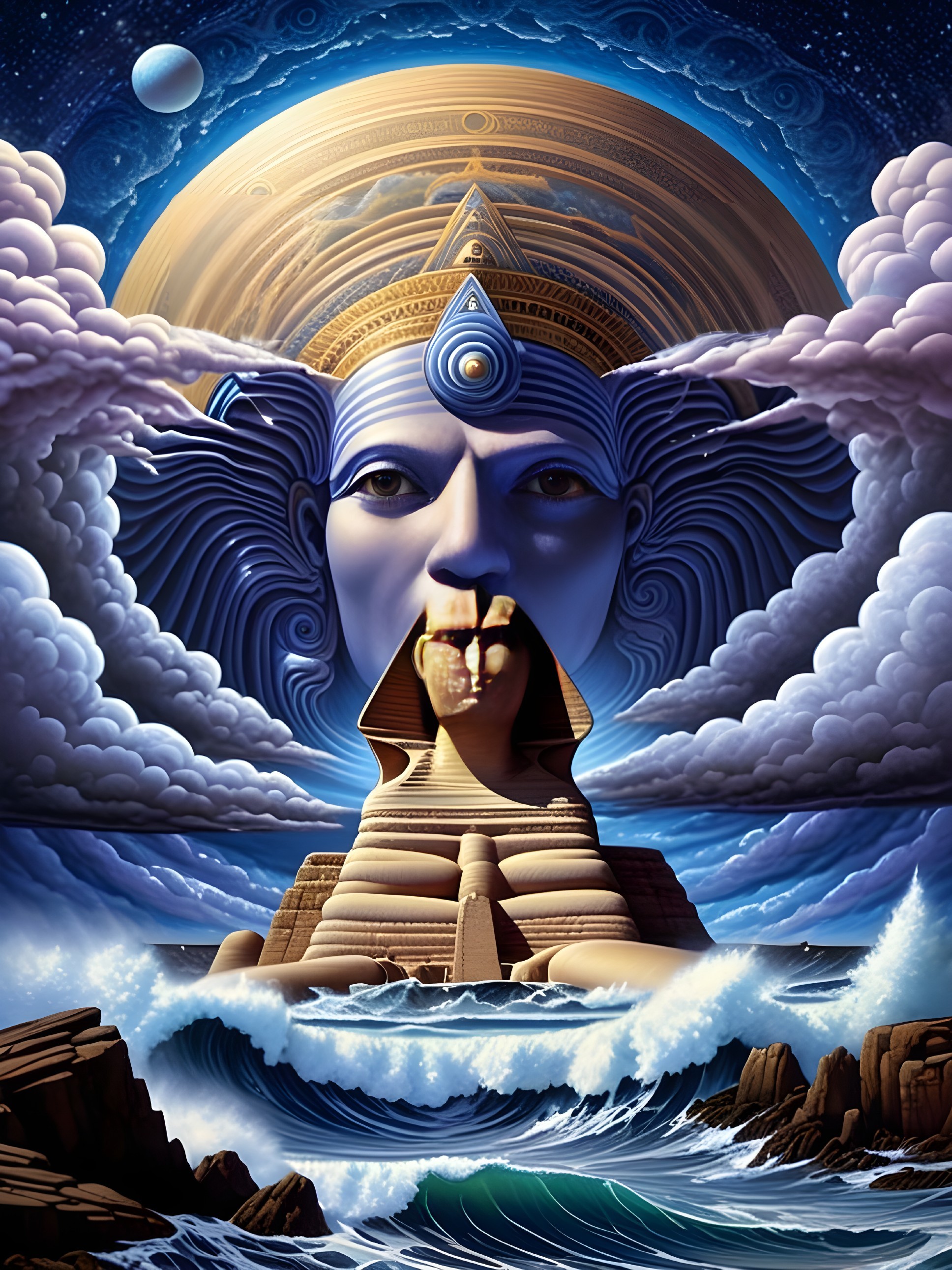 Surreal Pharaoh Face and Sphinx Against Cosmic Scene