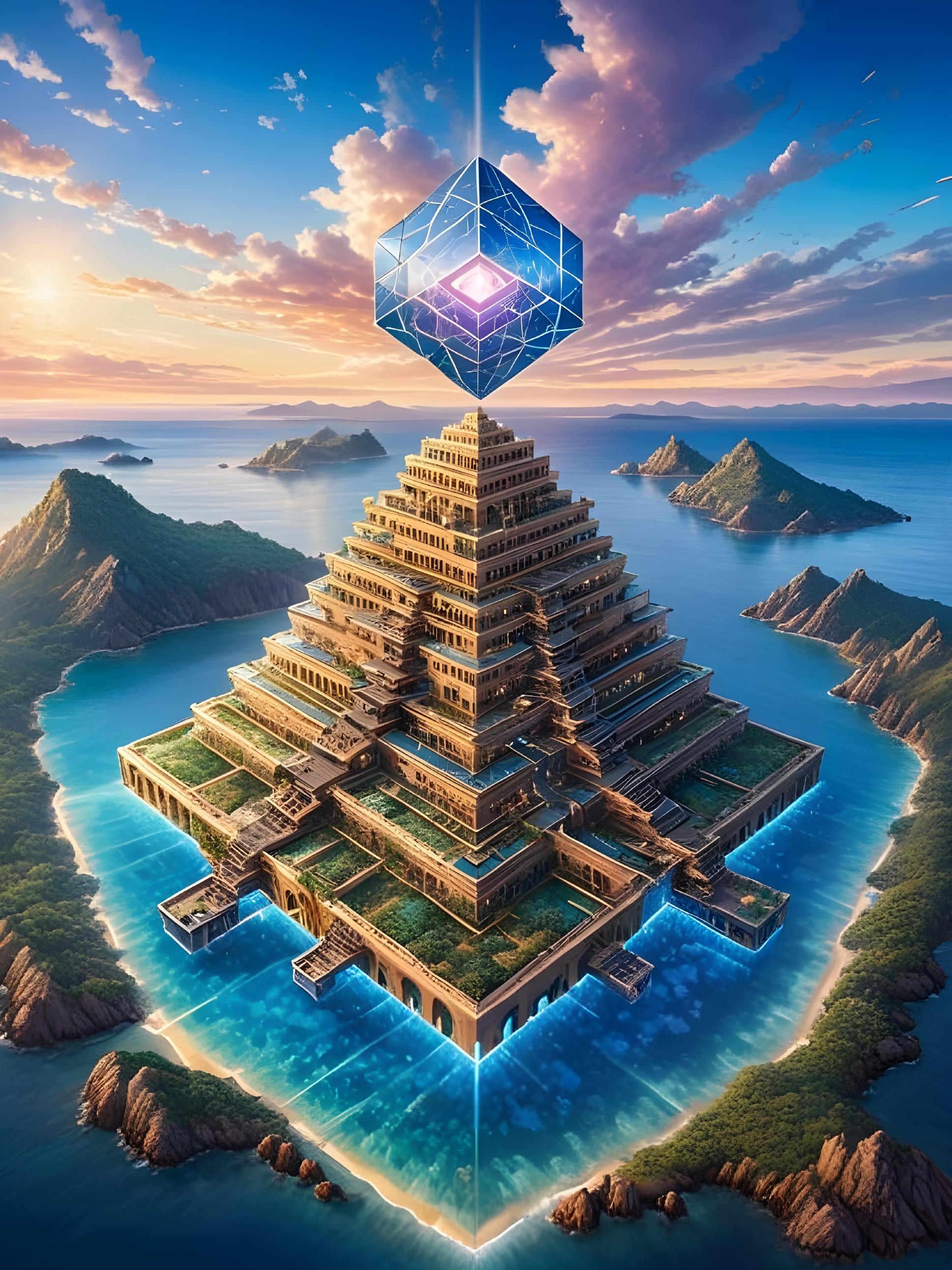 Futuristic landscape with pyramid and glowing cube