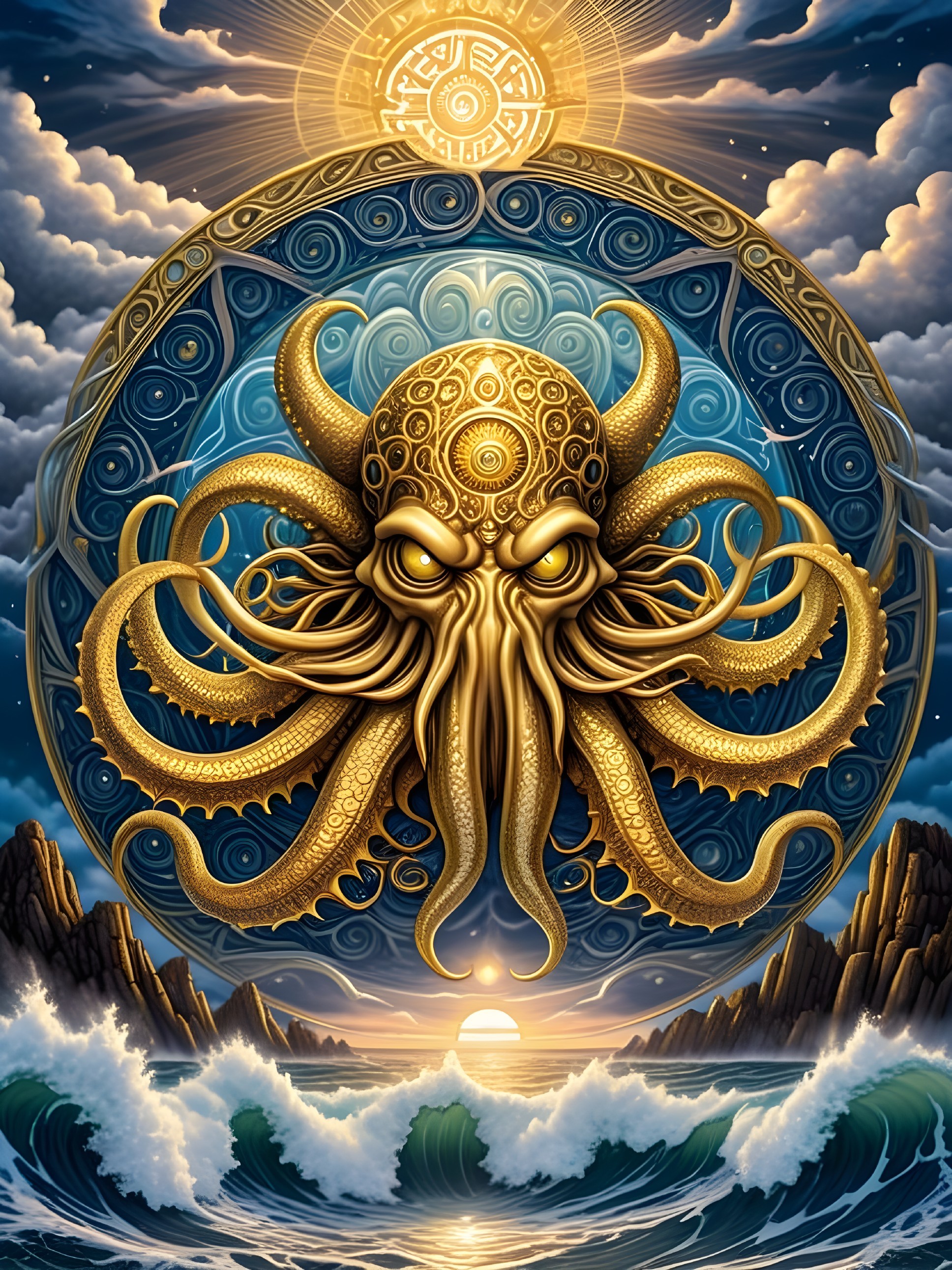 Mystical Octopus with Golden Patterns Under the Sun