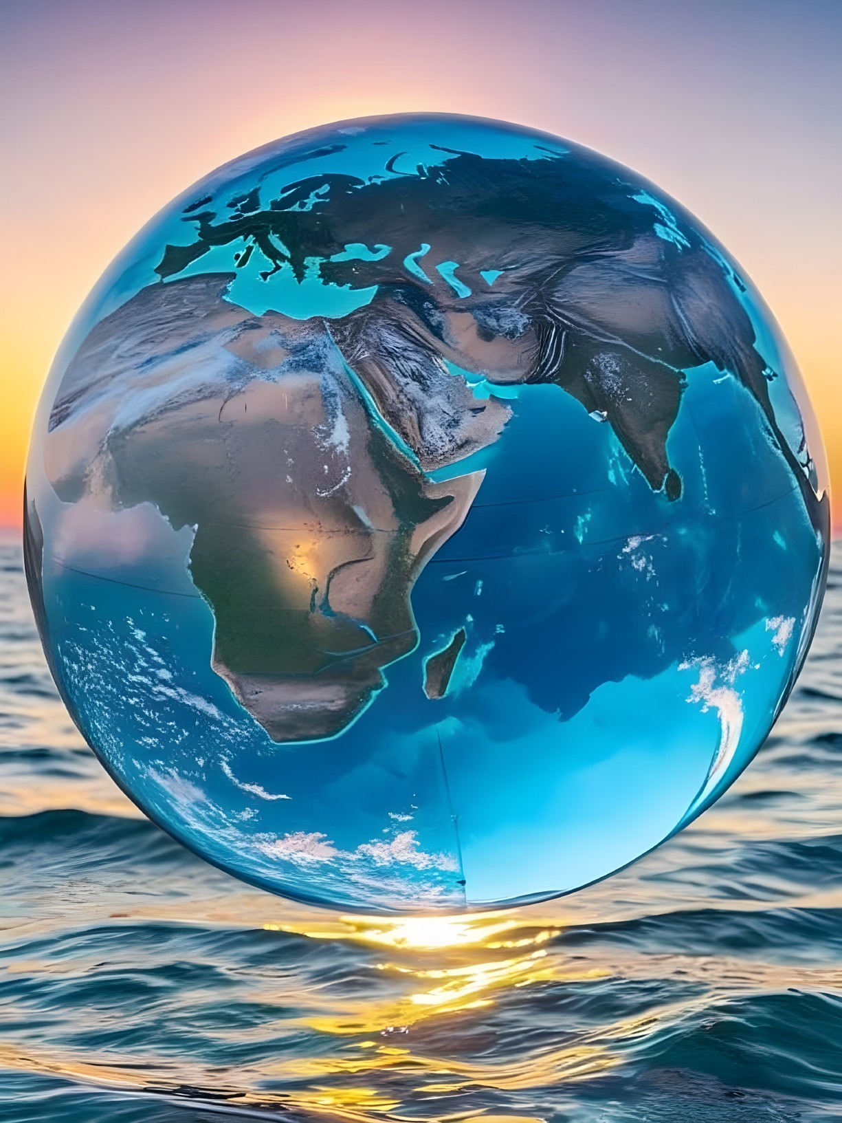 Reflective Globe Over Calm Ocean at Sunset