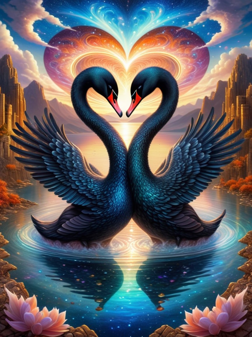 Black Swans Form Heart Shape in Serene Lake Scene
