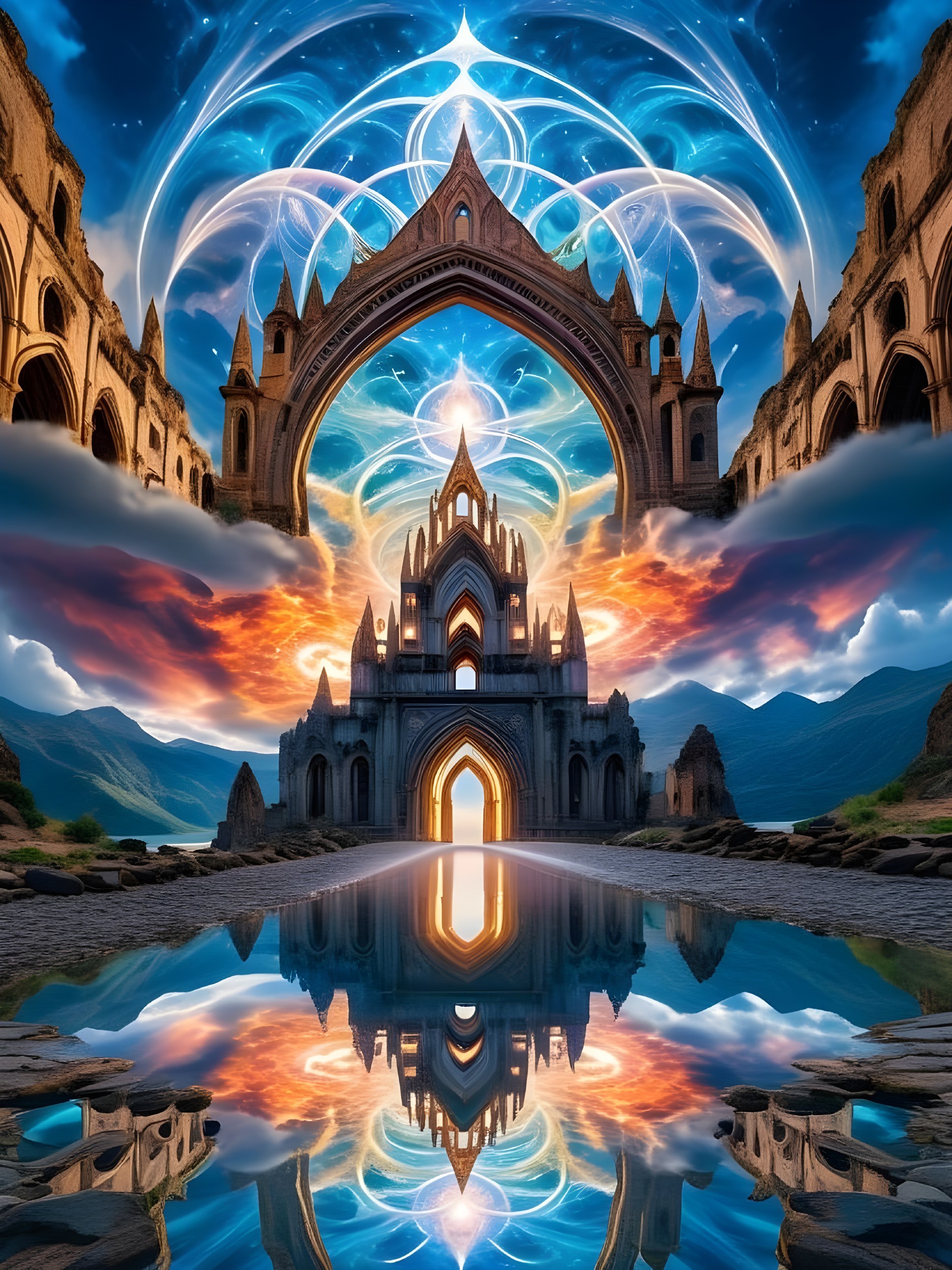 Majestic Fantasy Landscape with Intricate Castle and Sunset